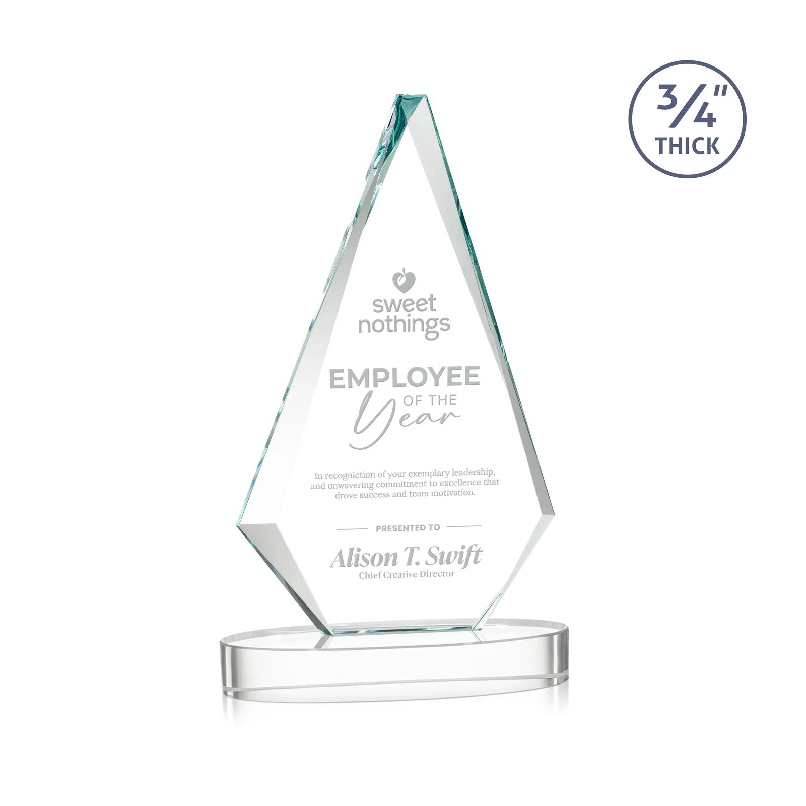 Custom Starfire Crystal Diamond Award, 3/4 Inch Thick on Alberton Base for service anniversary gifts