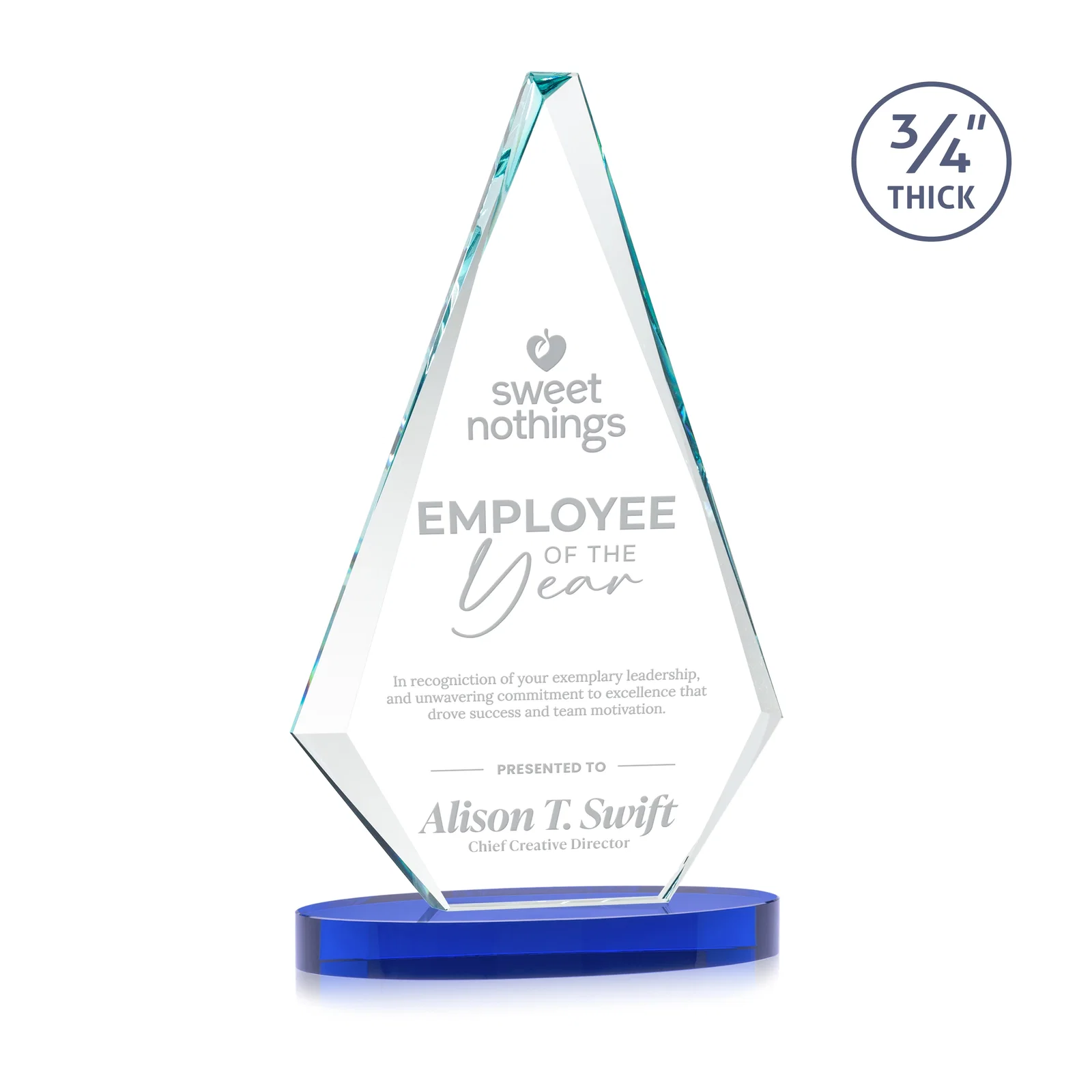 Promotional Starfire Crystal Diamond Award, 3/4 Inch Thick on Alberton Base for team milestone celebrations