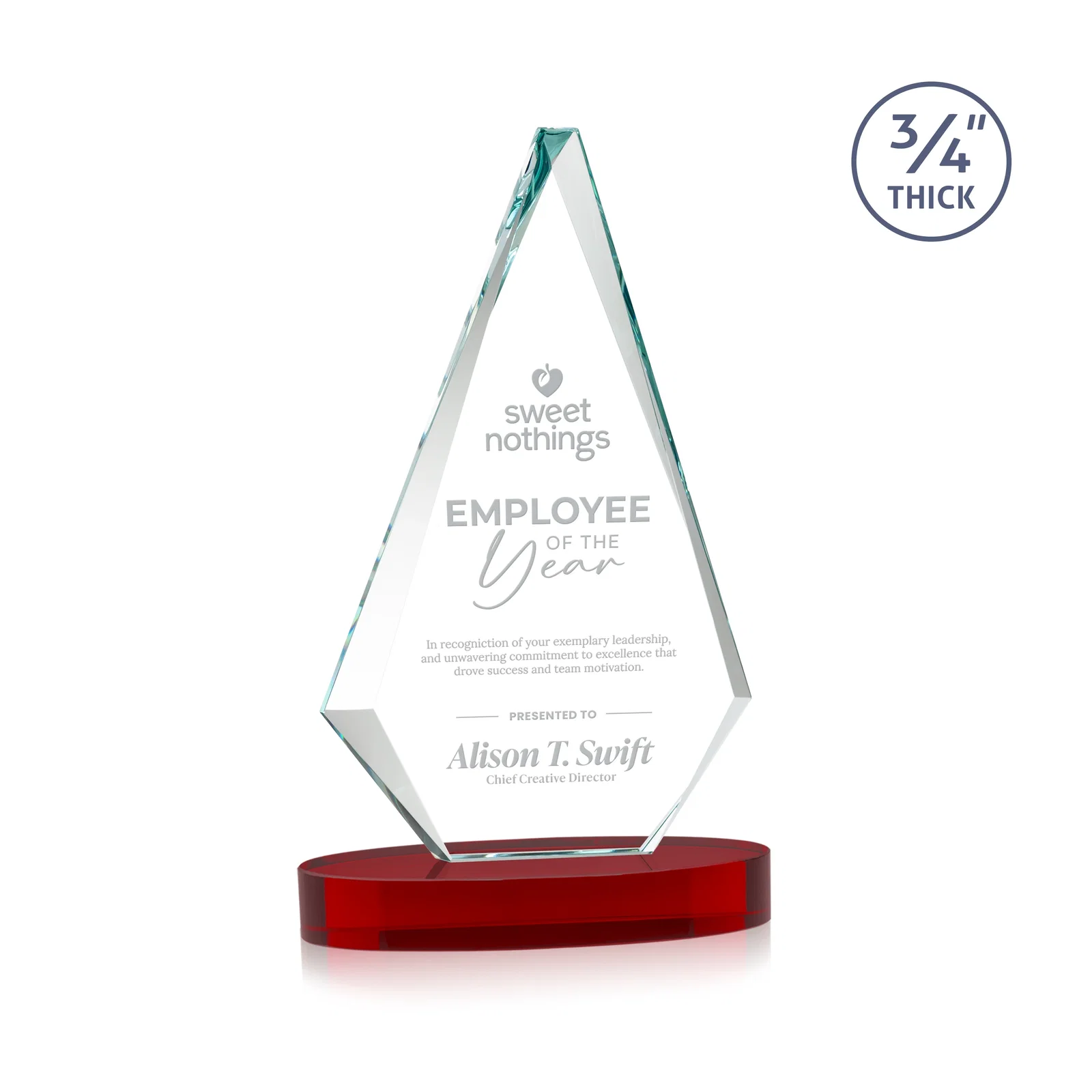 Promotional Starfire Crystal Diamond Award, 3/4 Inch Thick on Alberton Base for safety achievement programs