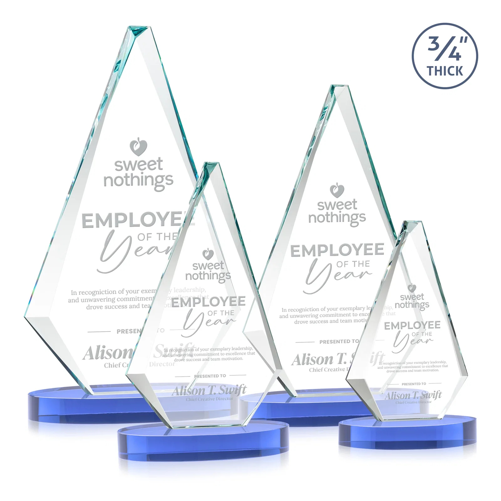 Promotional Starfire Crystal Diamond Award, 3/4 Inch Thick on Alberton Base for dealer and partner awards