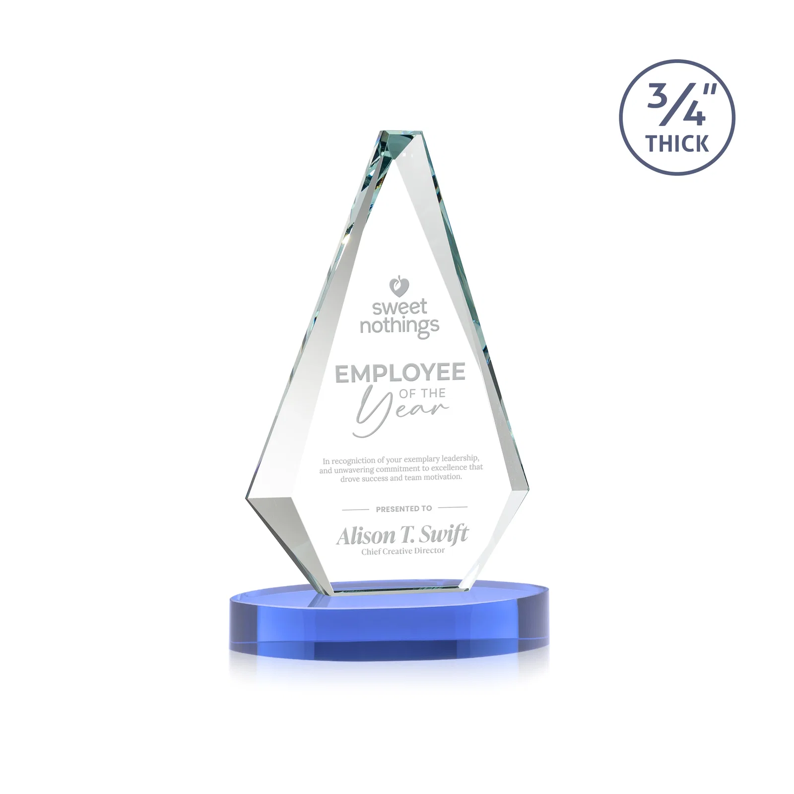 Promotional Starfire Crystal Diamond Award, 3/4 Inch Thick on Alberton Base for company anniversary events