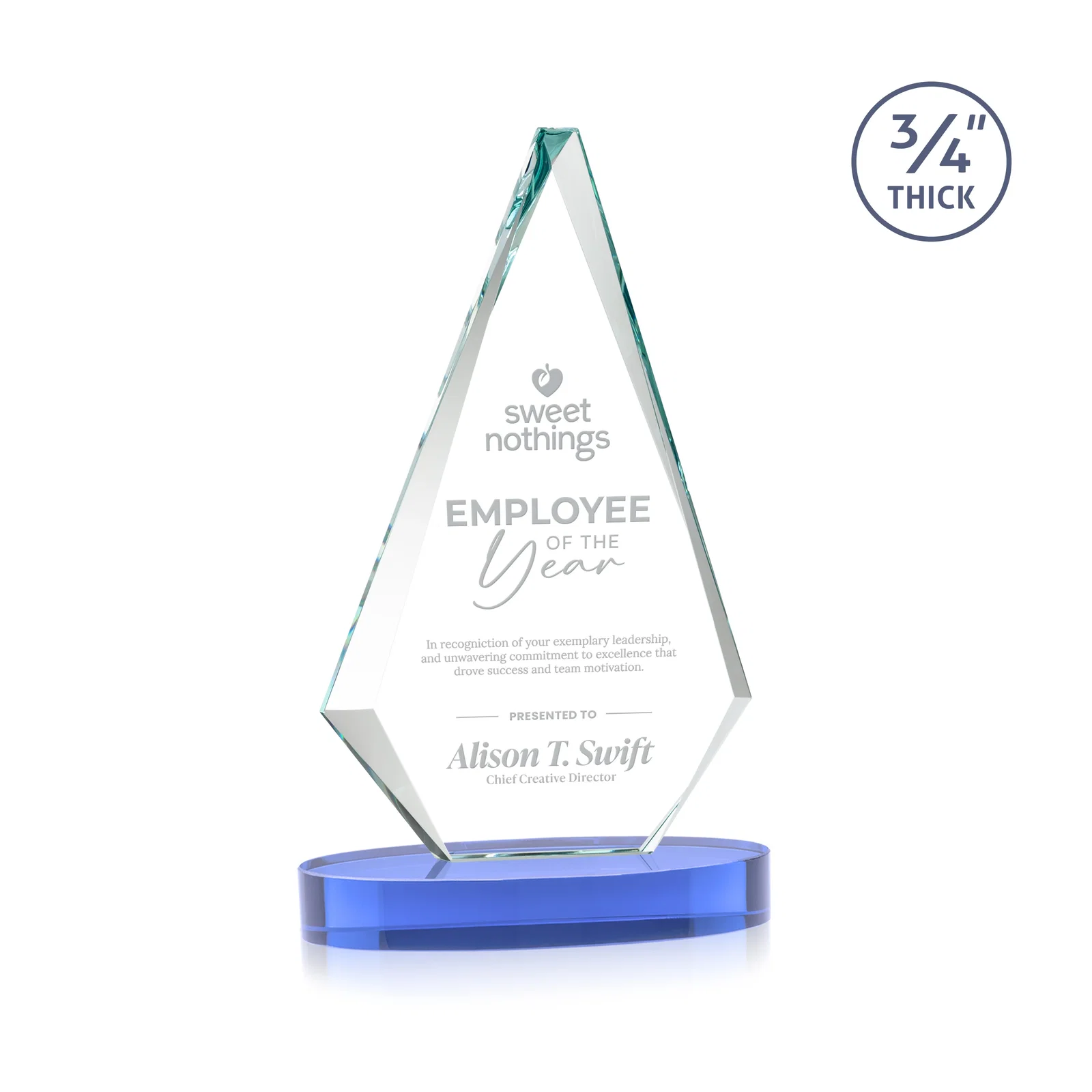 Branded Starfire Crystal Diamond Award, 3/4 Inch Thick on Alberton Base for employee recognition