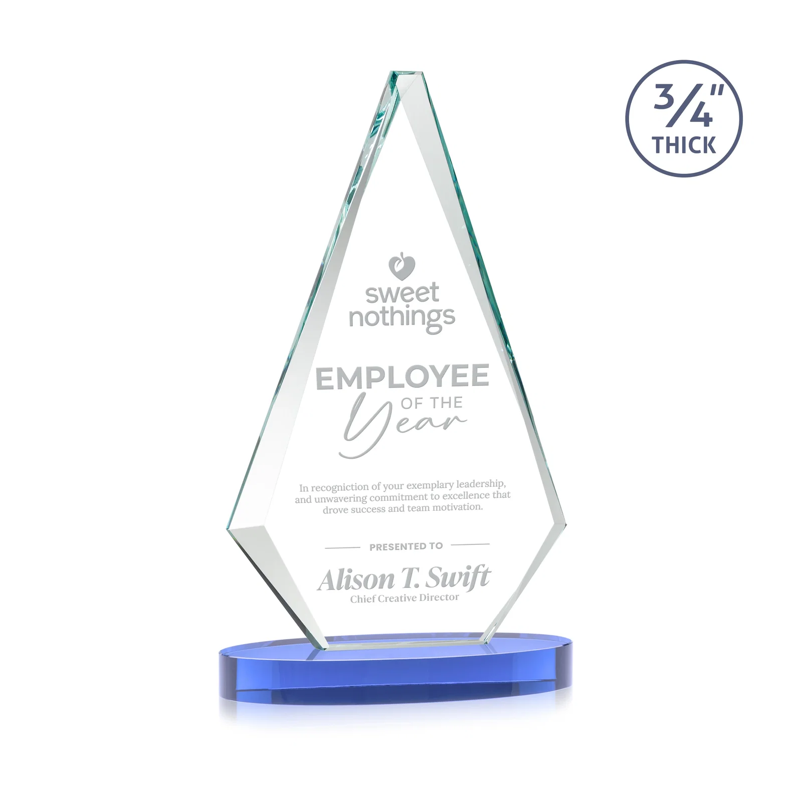 Branded Starfire Crystal Diamond Award, 3/4 Inch Thick on Alberton Base for corporate award ceremonies