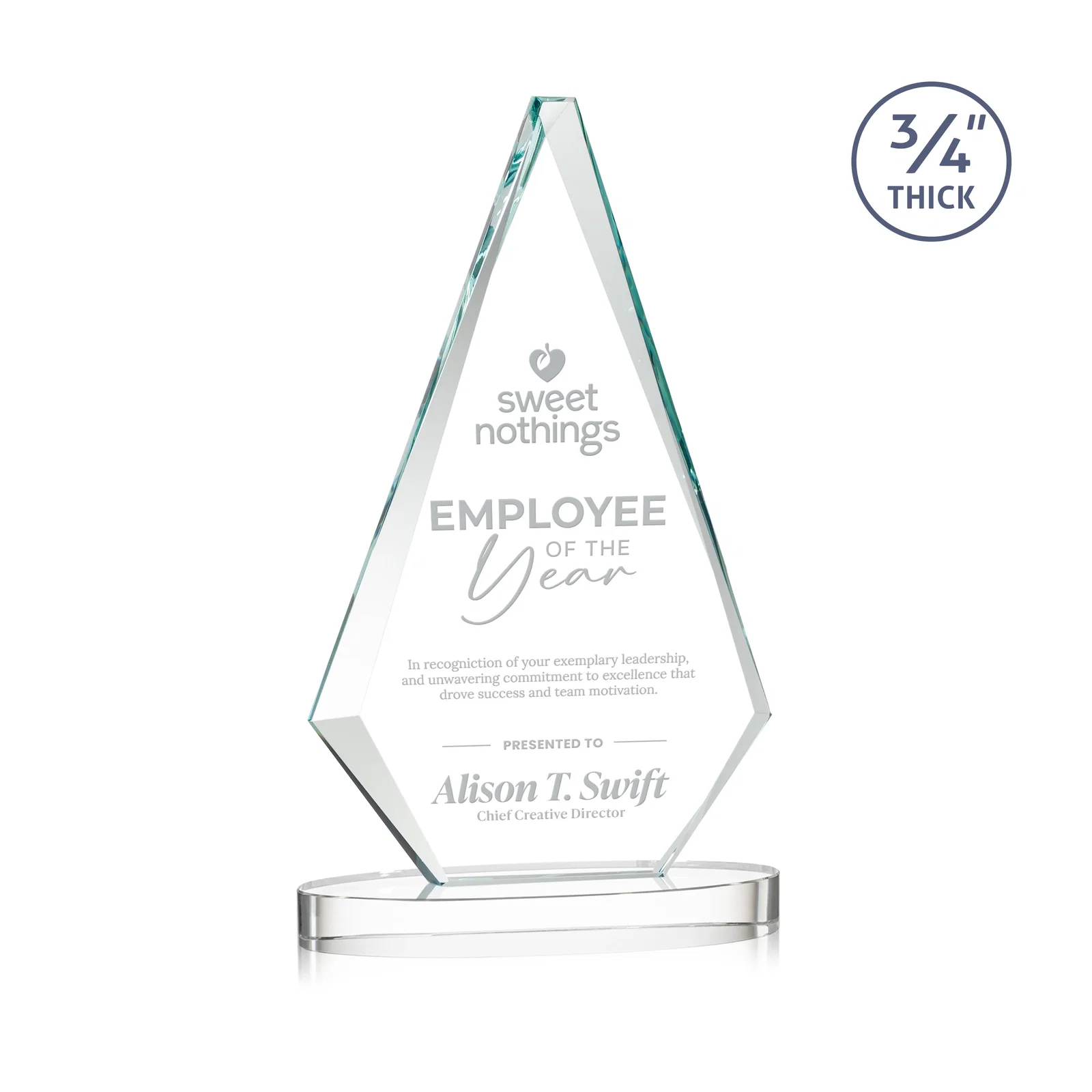 Custom Starfire Crystal Diamond Award, 3/4 Inch Thick on Alberton Base for sales achievement awards
