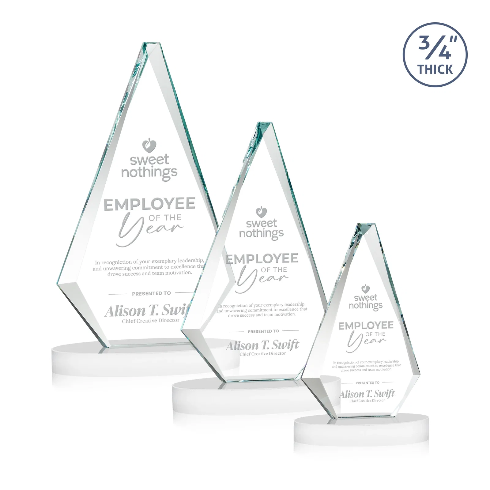 Branded Starfire Crystal Diamond Award, 3/4 Inch Thick on Alberton Base for sales achievement awards