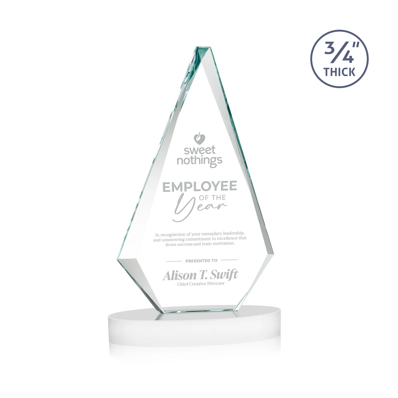 Branded Starfire Crystal Diamond Award, 3/4 Inch Thick on Alberton Base for team milestone celebrations