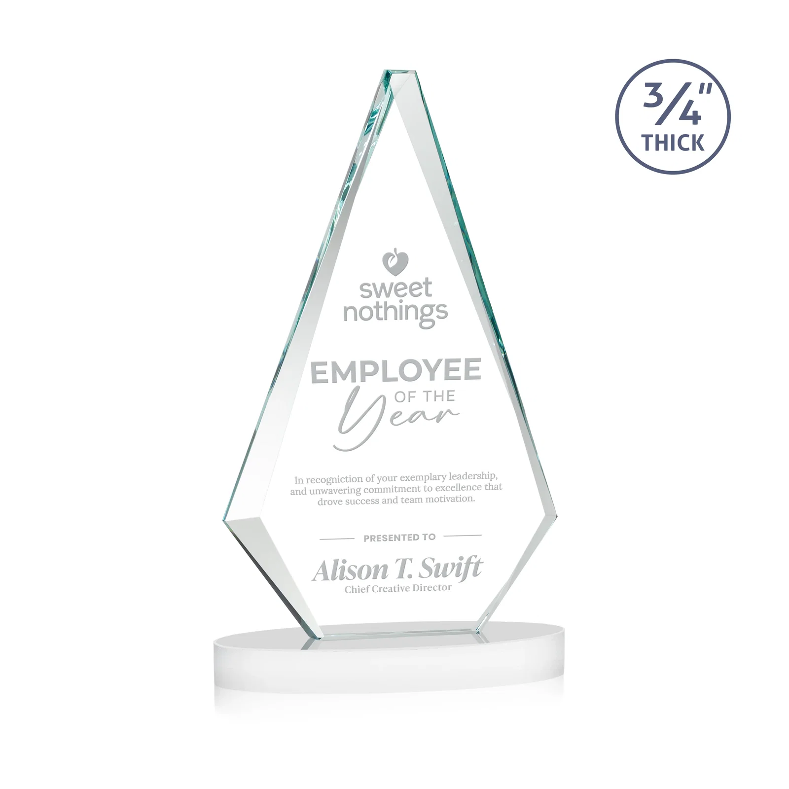 Branded Starfire Crystal Diamond Award, 3/4 Inch Thick on Alberton Base for donor appreciation