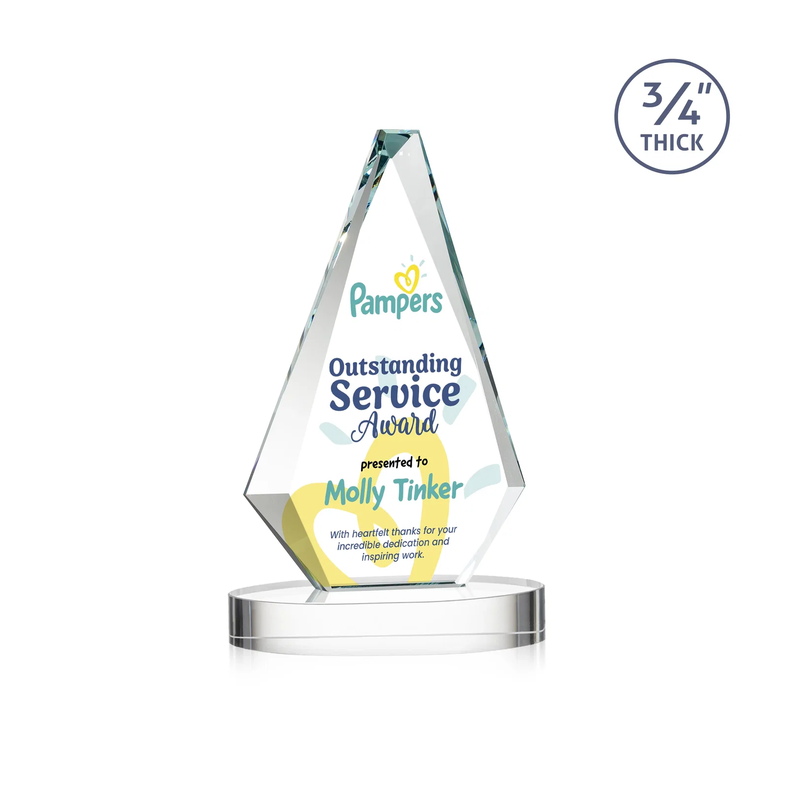 Branded Starfire Crystal Diamond Award, 3/4 Inch Thick on Alberton Base for safety achievement programs