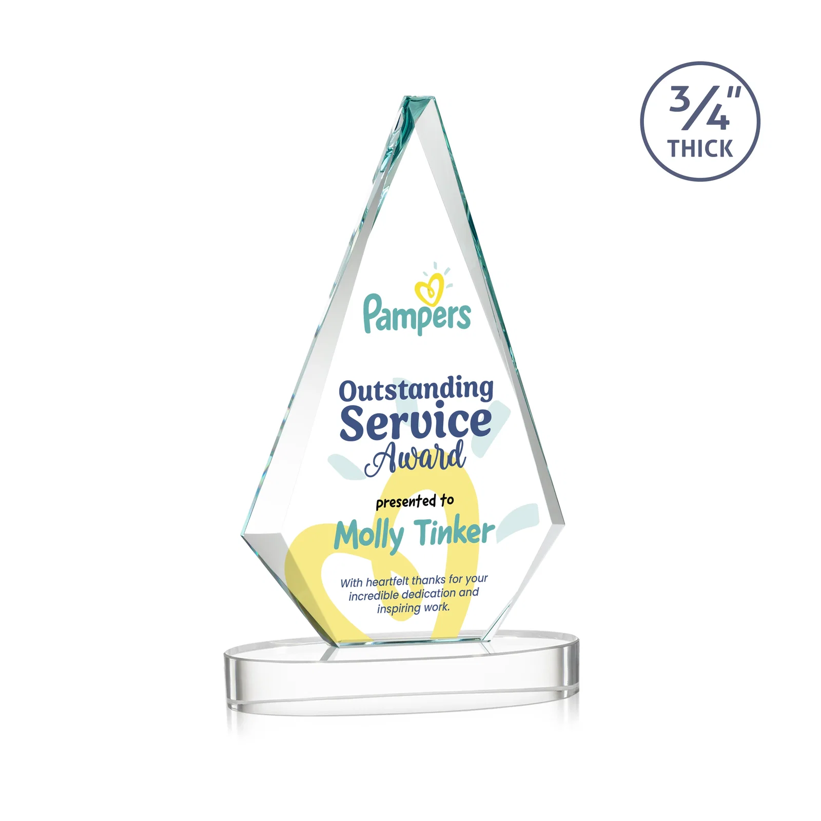 Branded Starfire Crystal Diamond Award, 3/4 Inch Thick on Alberton Base for volunteer appreciation