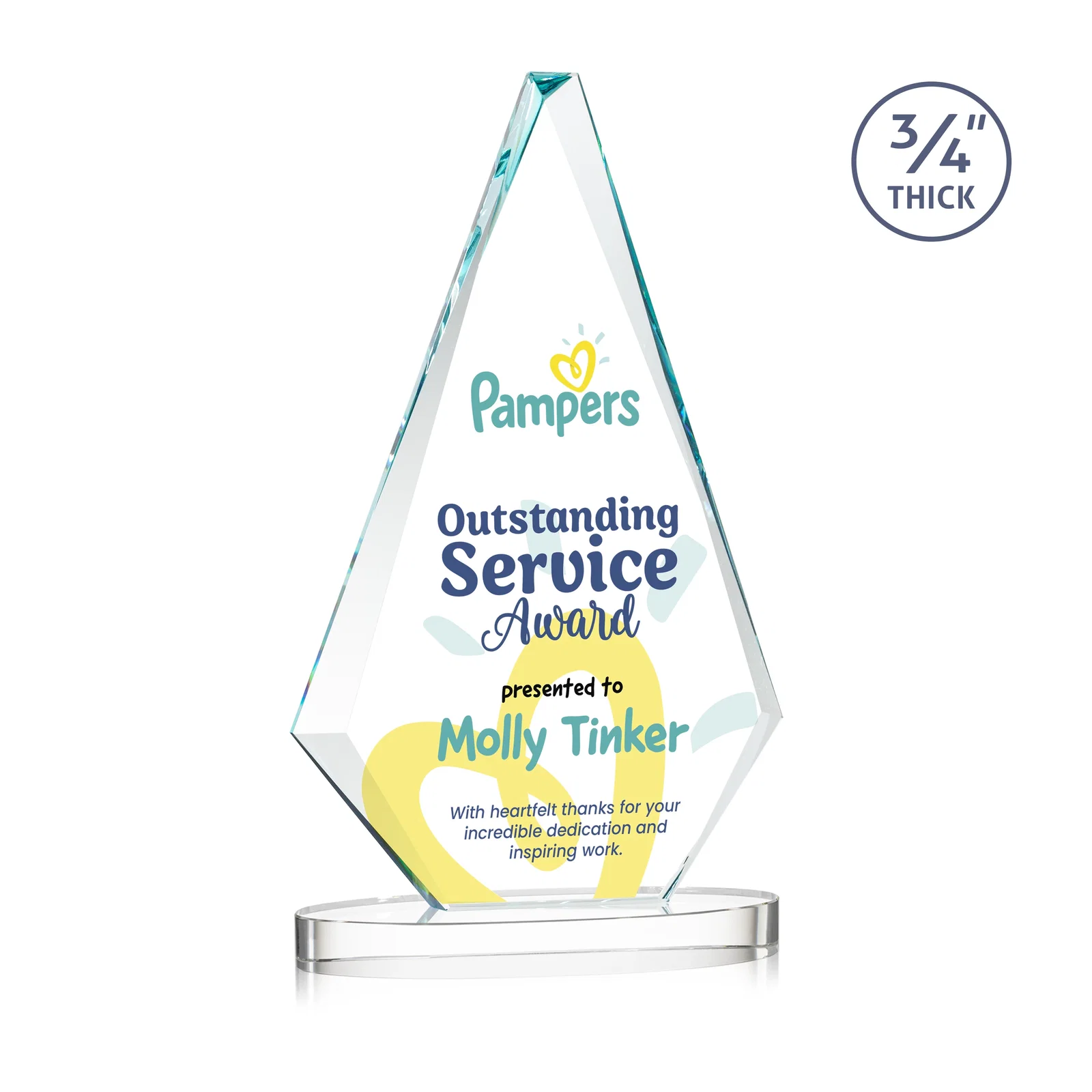 Branded Starfire Crystal Diamond Award, 3/4 Inch Thick on Alberton Base for company anniversary events