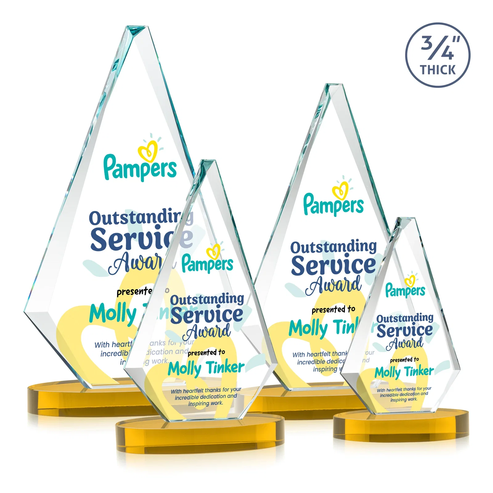 Custom printed Starfire Crystal Diamond Award, 3/4 Inch Thick on Alberton Base for employee recognition