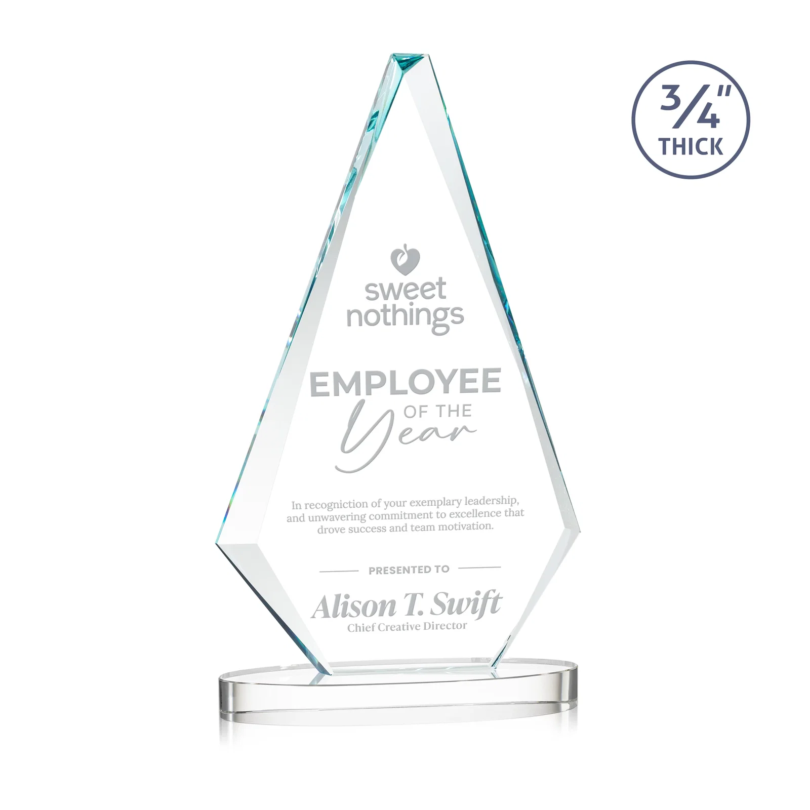 Custom Starfire Crystal Diamond Award, 3/4 Inch Thick on Alberton Base for retirement presentations