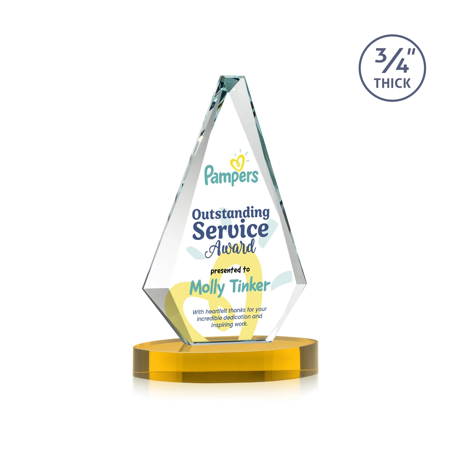 Custom printed Starfire Crystal Diamond Award, 3/4 Inch Thick on Alberton Base for corporate award ceremonies