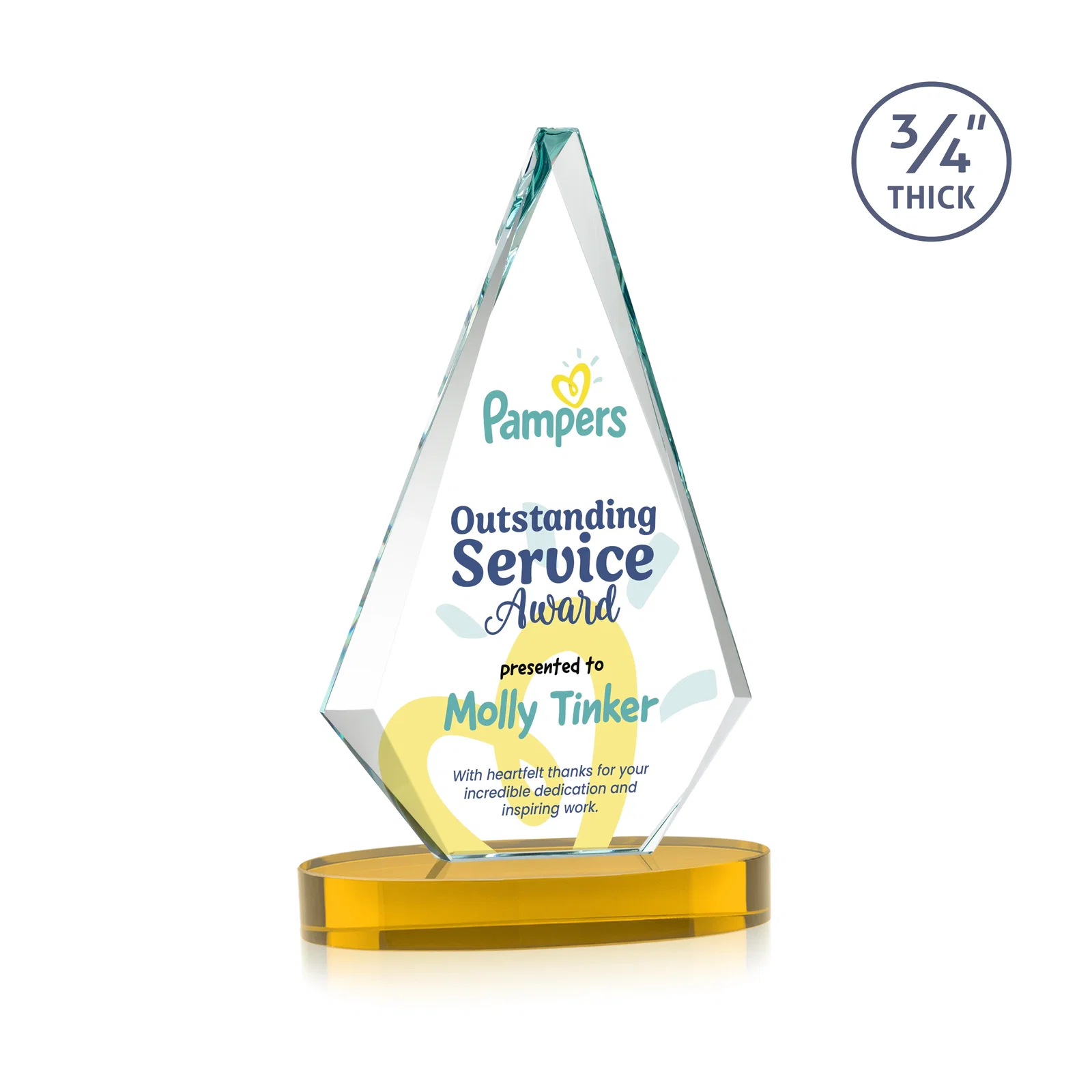 Custom printed Starfire Crystal Diamond Award, 3/4 Inch Thick on Alberton Base for service anniversary gifts