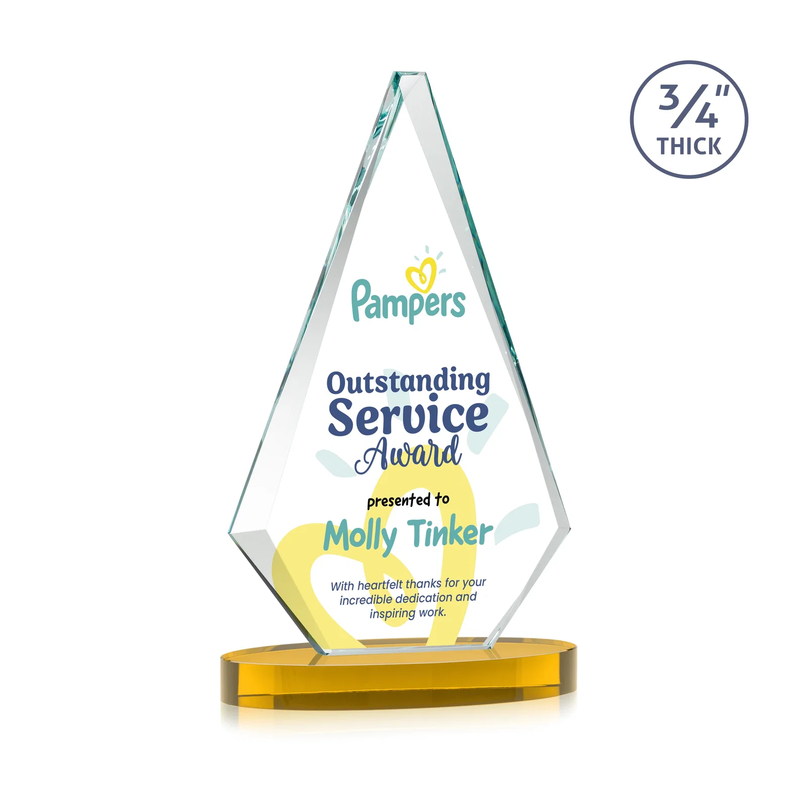 Custom printed Starfire Crystal Diamond Award, 3/4 Inch Thick on Alberton Base for sales achievement awards