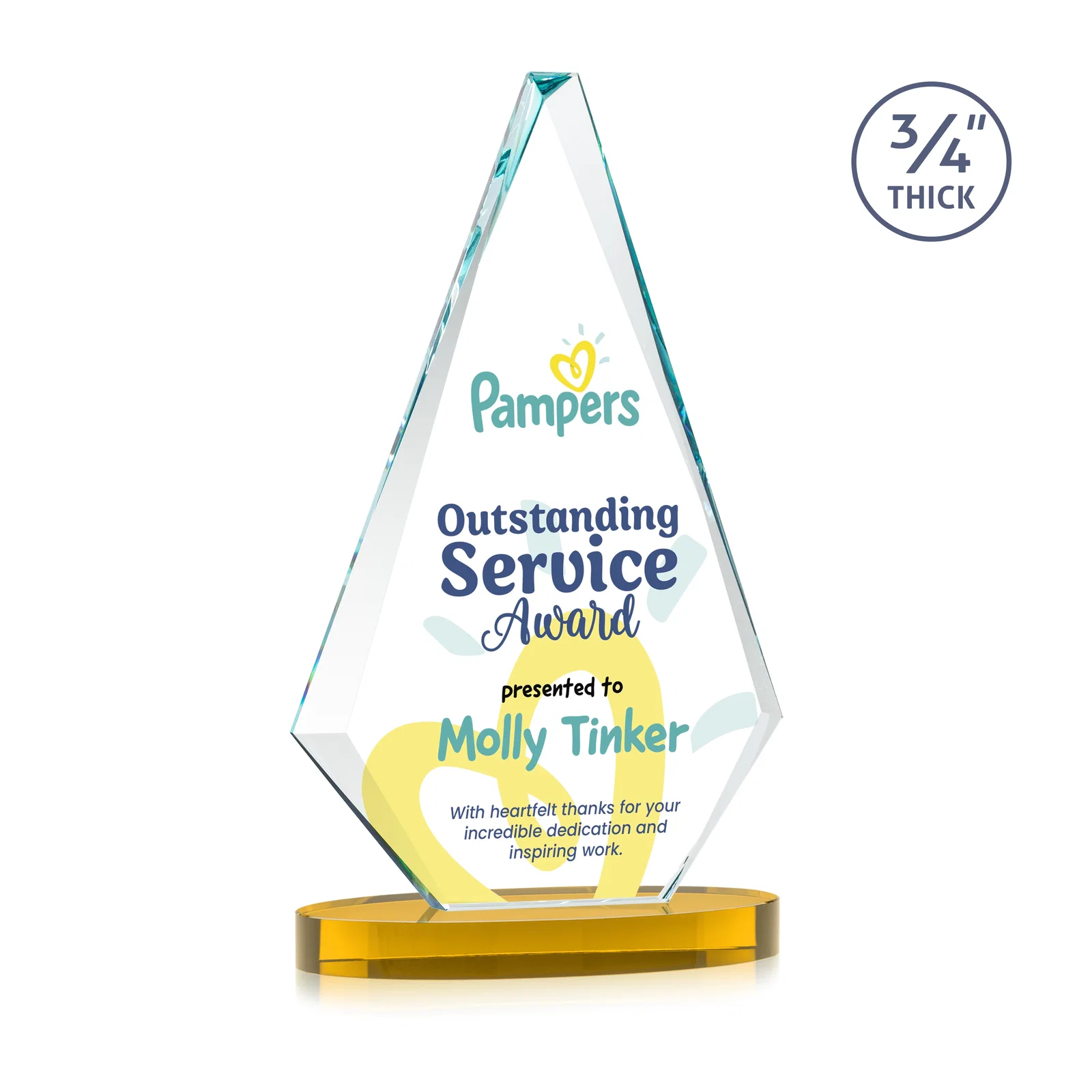 Custom printed Starfire Crystal Diamond Award, 3/4 Inch Thick on Alberton Base for retirement presentations