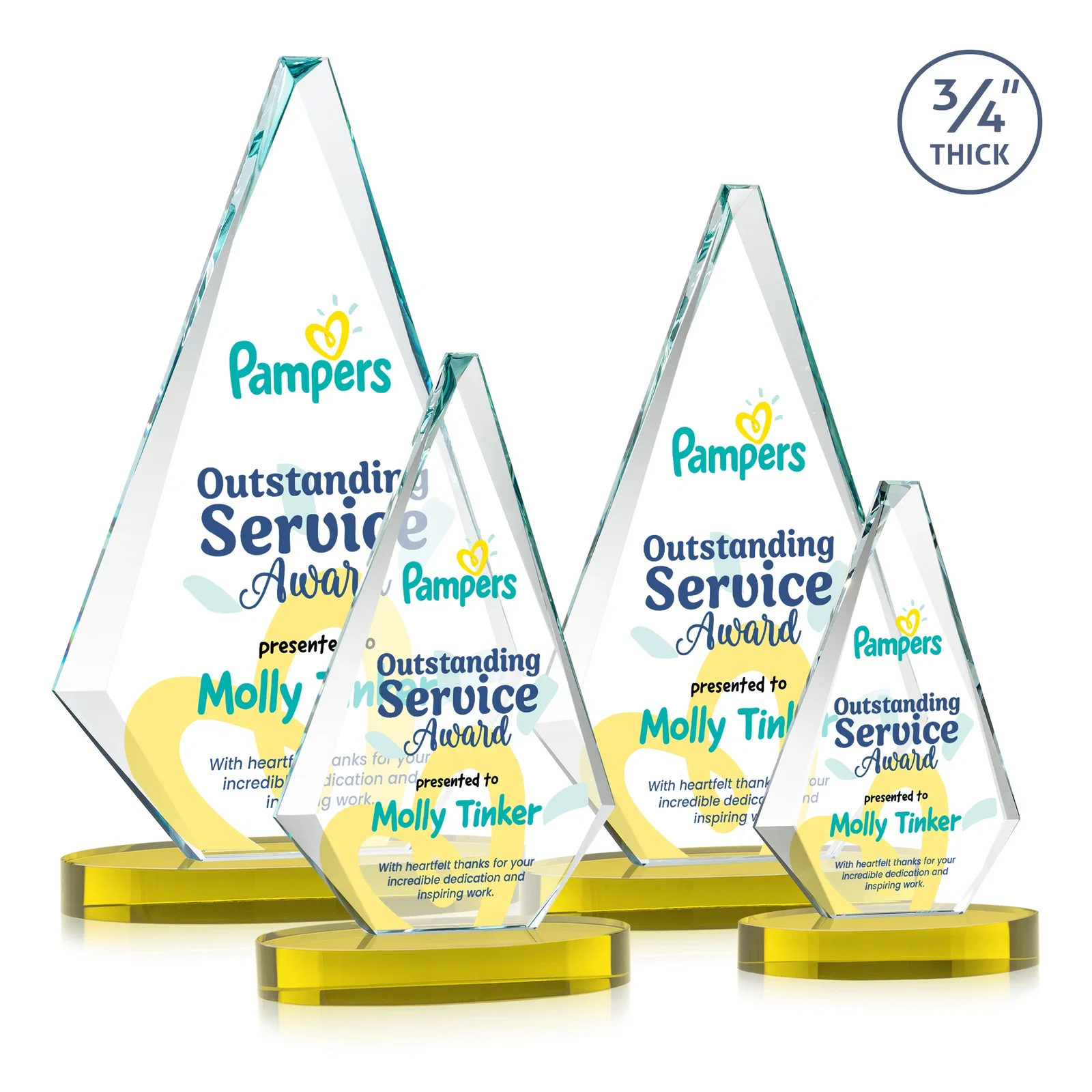 Custom printed Starfire Crystal Diamond Award, 3/4 Inch Thick on Alberton Base for team milestone celebrations