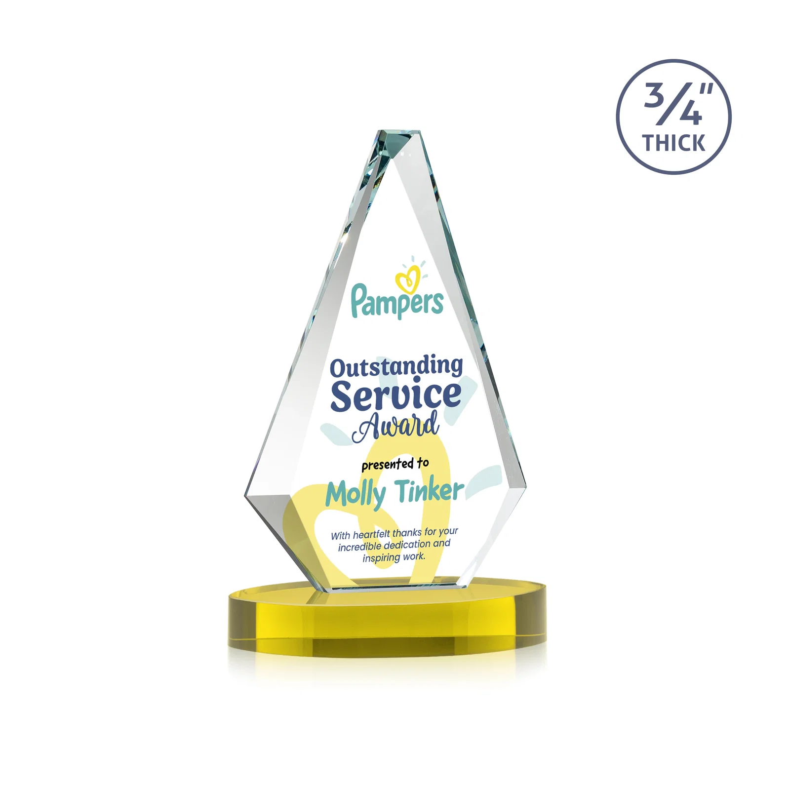 Custom printed Starfire Crystal Diamond Award, 3/4 Inch Thick on Alberton Base for donor appreciation