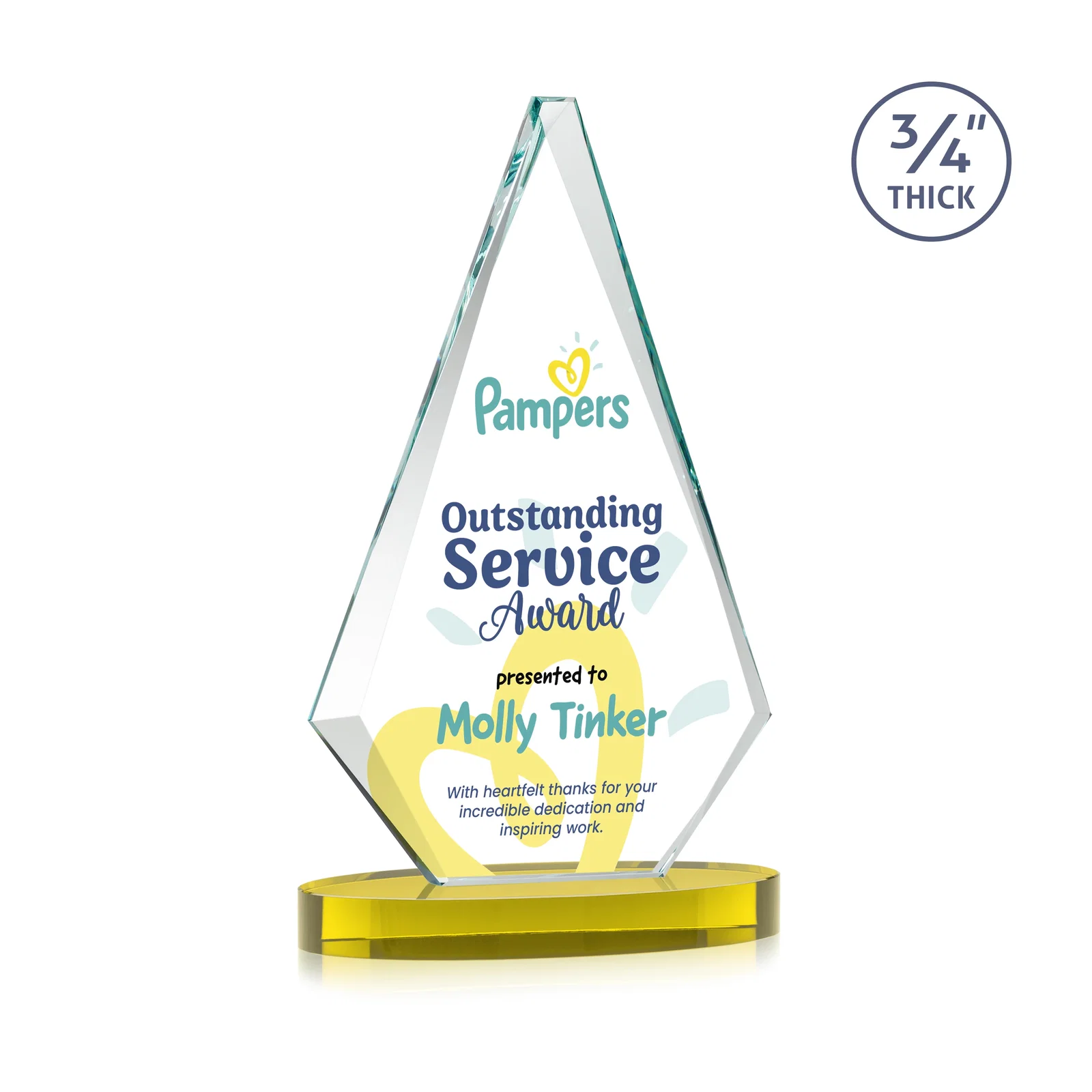 Custom printed Starfire Crystal Diamond Award, 3/4 Inch Thick on Alberton Base for safety achievement programs