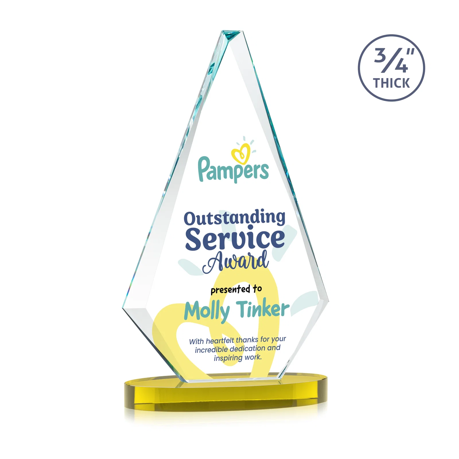 Custom printed Starfire Crystal Diamond Award, 3/4 Inch Thick on Alberton Base for volunteer appreciation