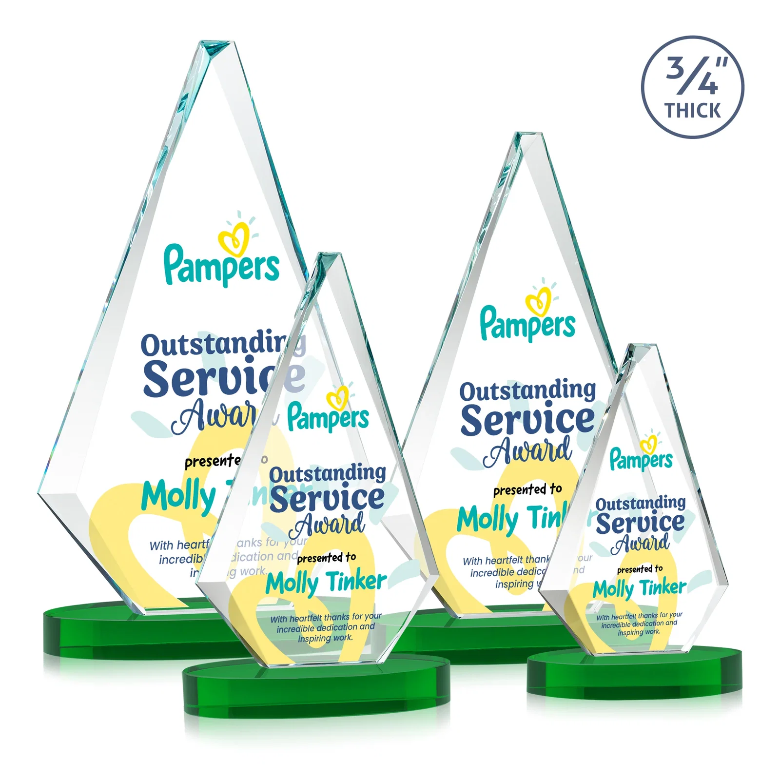 Custom printed Starfire Crystal Diamond Award, 3/4 Inch Thick on Alberton Base for dealer and partner awards