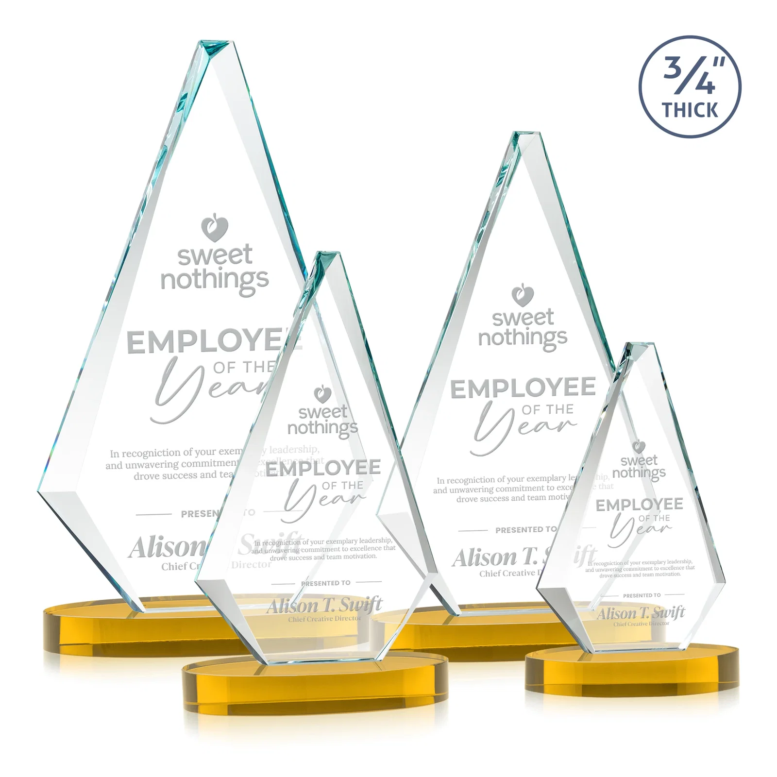 Custom Starfire Crystal Diamond Award, 3/4 Inch Thick on Alberton Base for team milestone celebrations