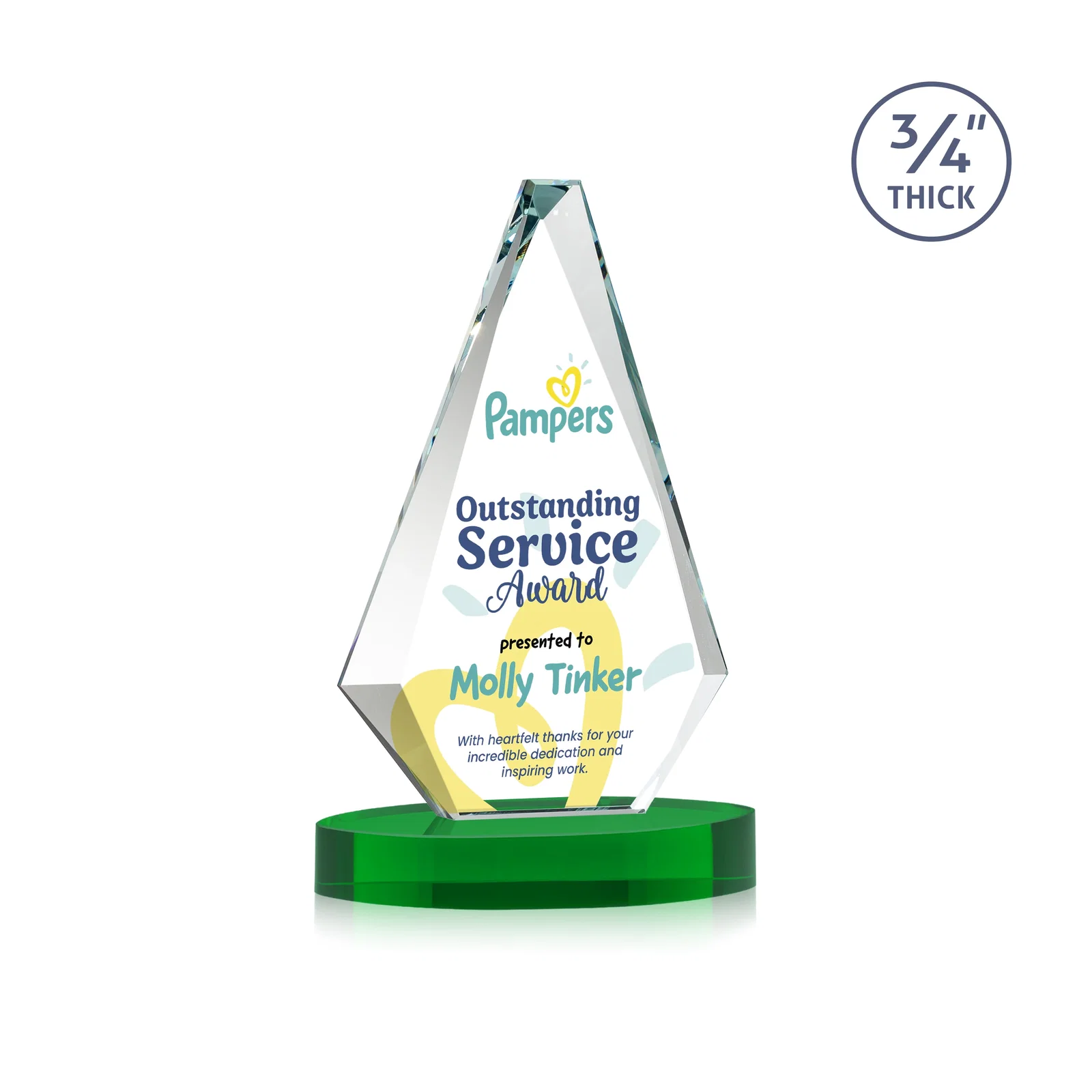 Custom printed Starfire Crystal Diamond Award, 3/4 Inch Thick on Alberton Base for company anniversary events