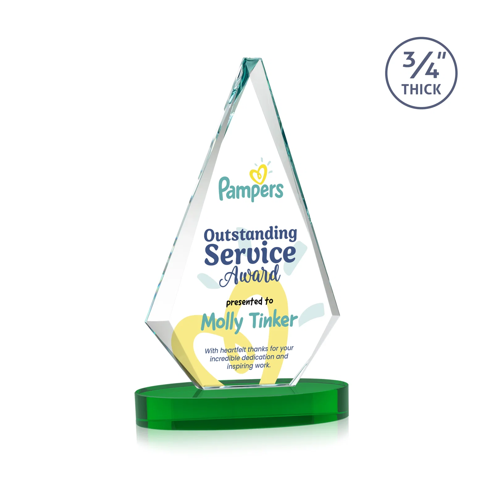 Customized Starfire Crystal Diamond Award, 3/4 Inch Thick on Alberton Base for employee recognition
