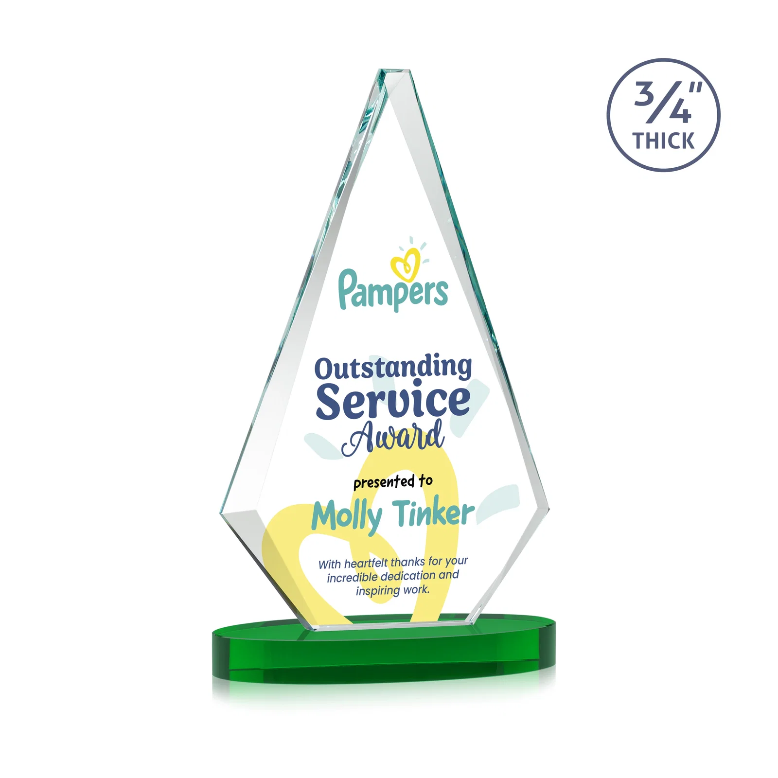 Customized Starfire Crystal Diamond Award, 3/4 Inch Thick on Alberton Base for corporate award ceremonies