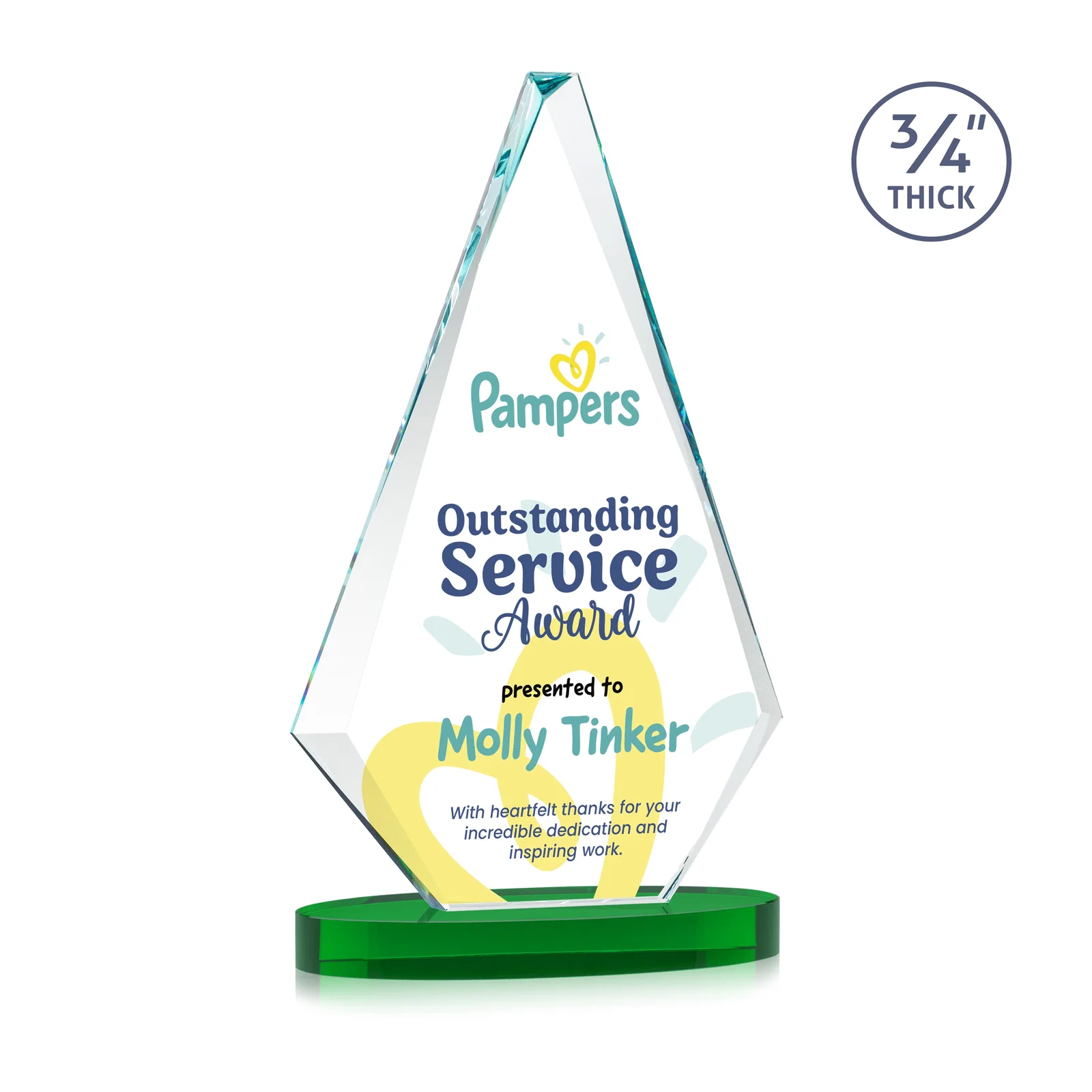 Customized Starfire Crystal Diamond Award, 3/4 Inch Thick on Alberton Base for service anniversary gifts