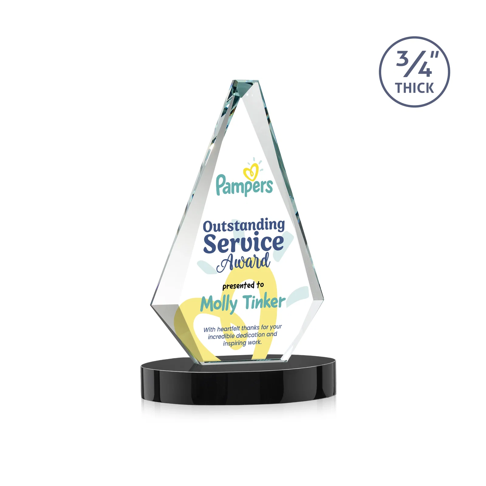 Customized Starfire Crystal Diamond Award, 3/4 Inch Thick on Alberton Base for retirement presentations