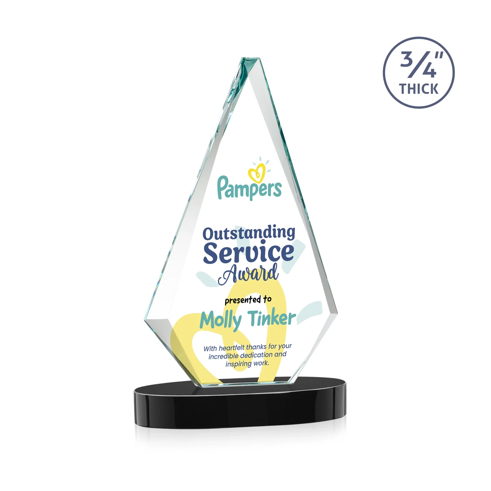 Customized Starfire Crystal Diamond Award, 3/4 Inch Thick on Alberton Base for team milestone celebrations