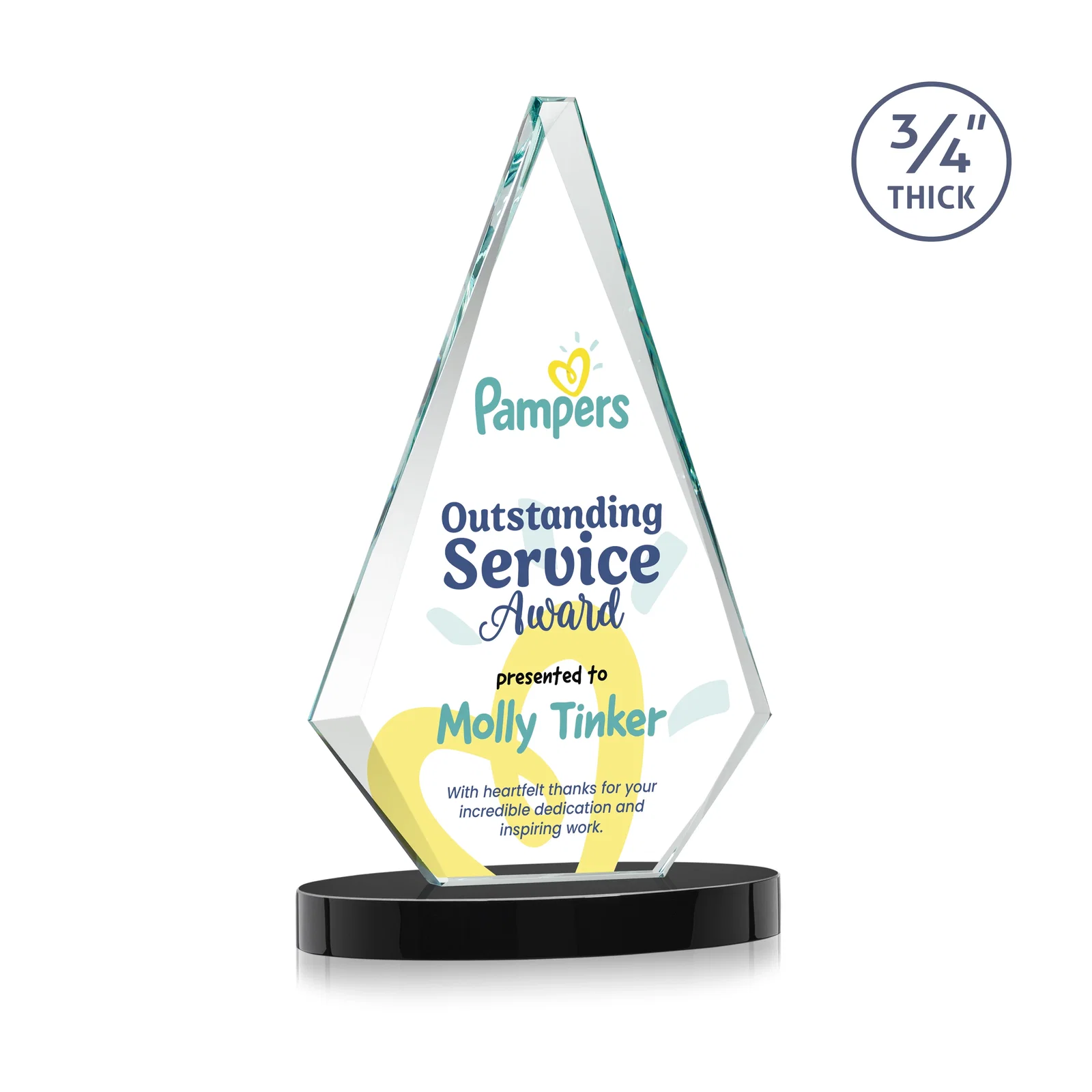 Customized Starfire Crystal Diamond Award, 3/4 Inch Thick on Alberton Base for donor appreciation