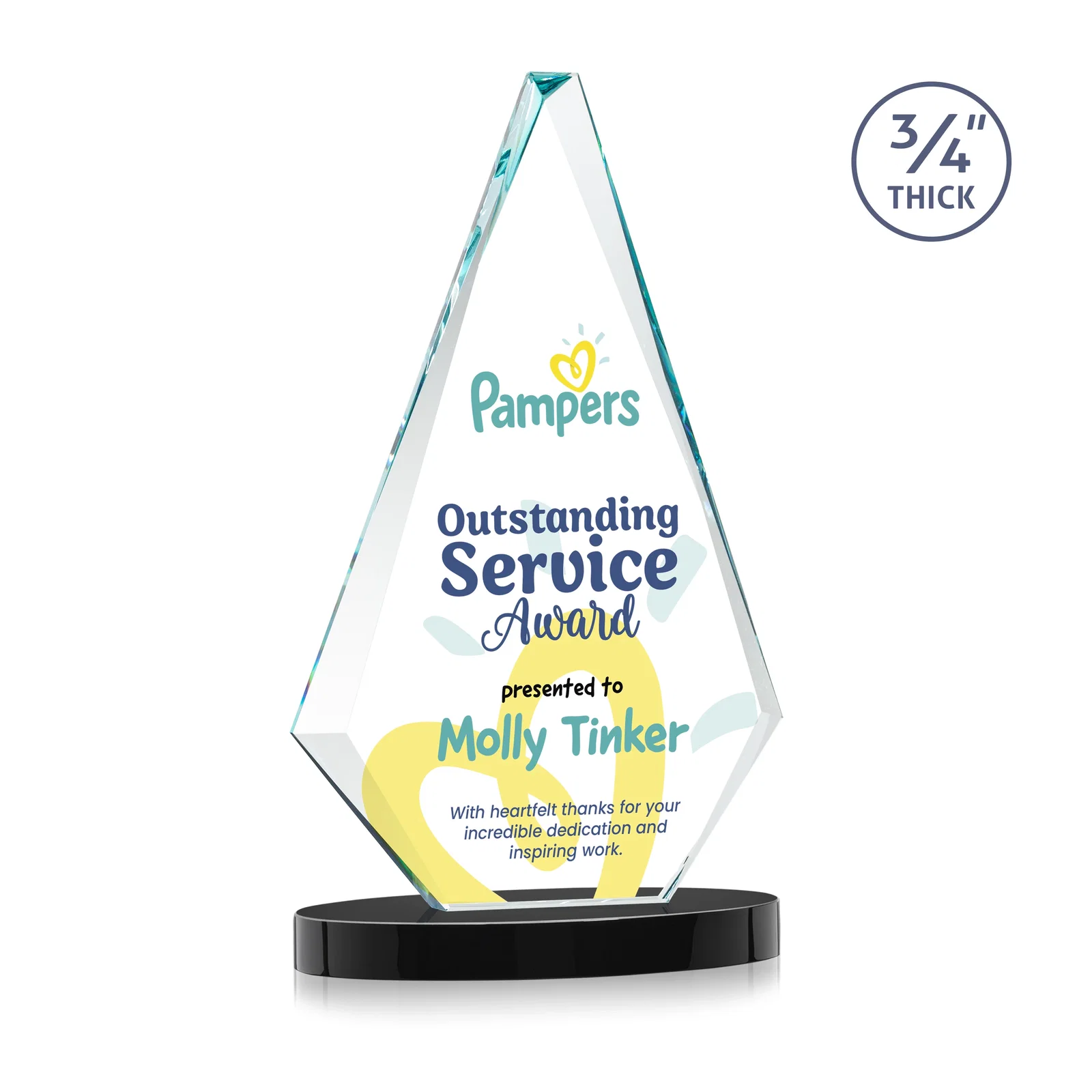 Customized Starfire Crystal Diamond Award, 3/4 Inch Thick on Alberton Base for graduation ceremonies