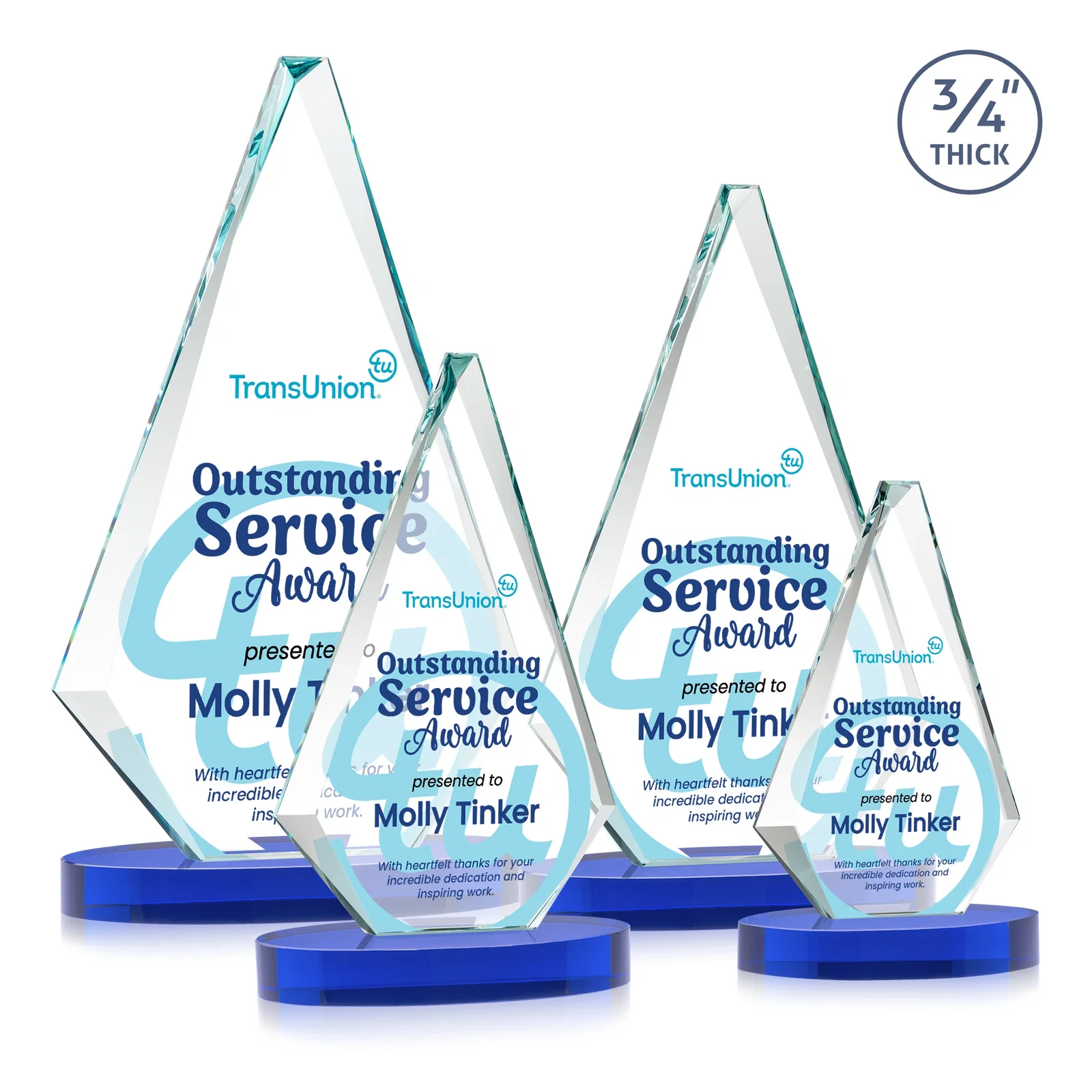 Customized Starfire Crystal Diamond Award, 3/4 Inch Thick on Alberton Base for safety achievement programs