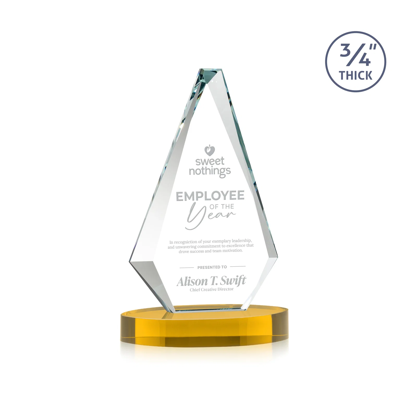 Custom Starfire Crystal Diamond Award, 3/4 Inch Thick on Alberton Base for donor appreciation