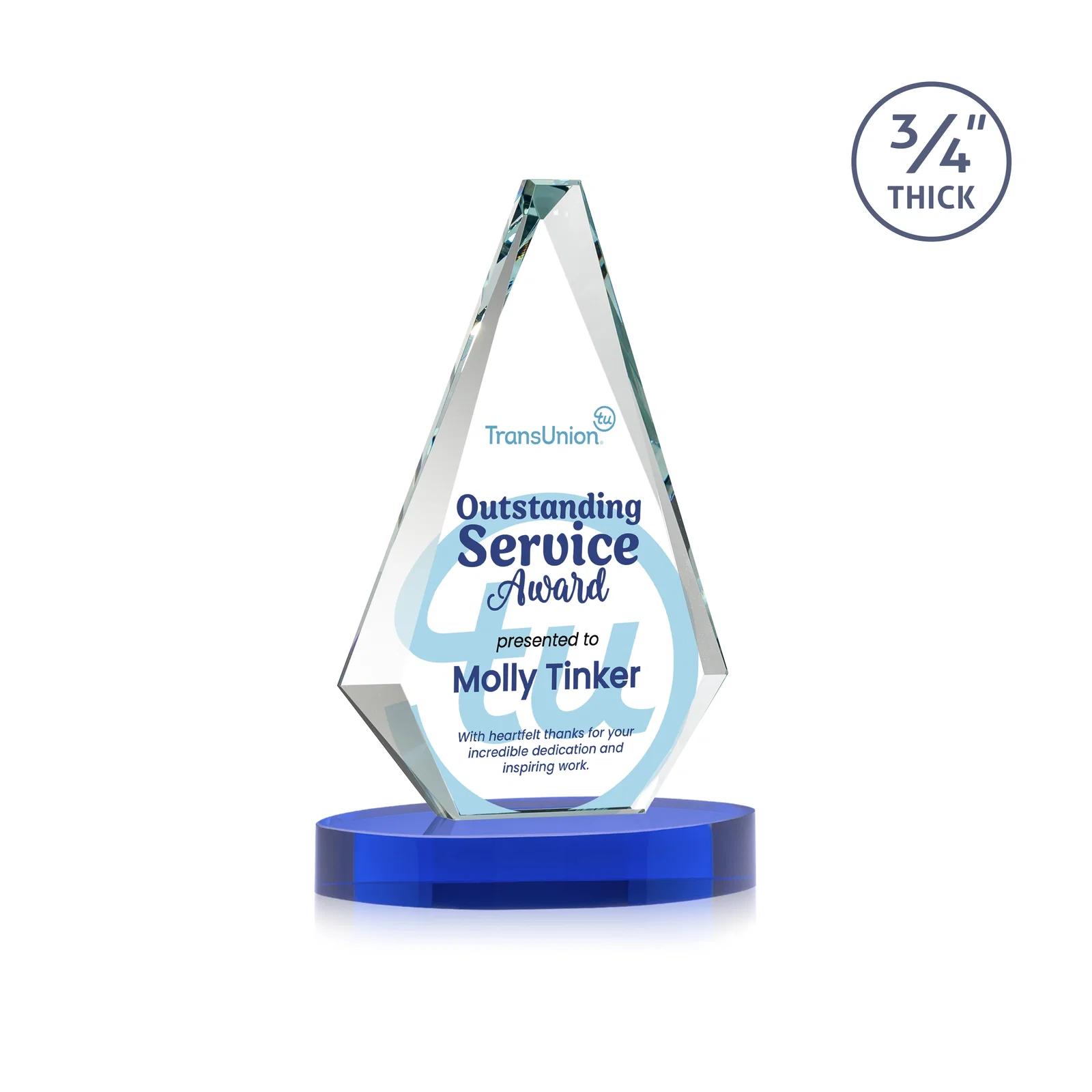 Customized Starfire Crystal Diamond Award, 3/4 Inch Thick on Alberton Base for volunteer appreciation