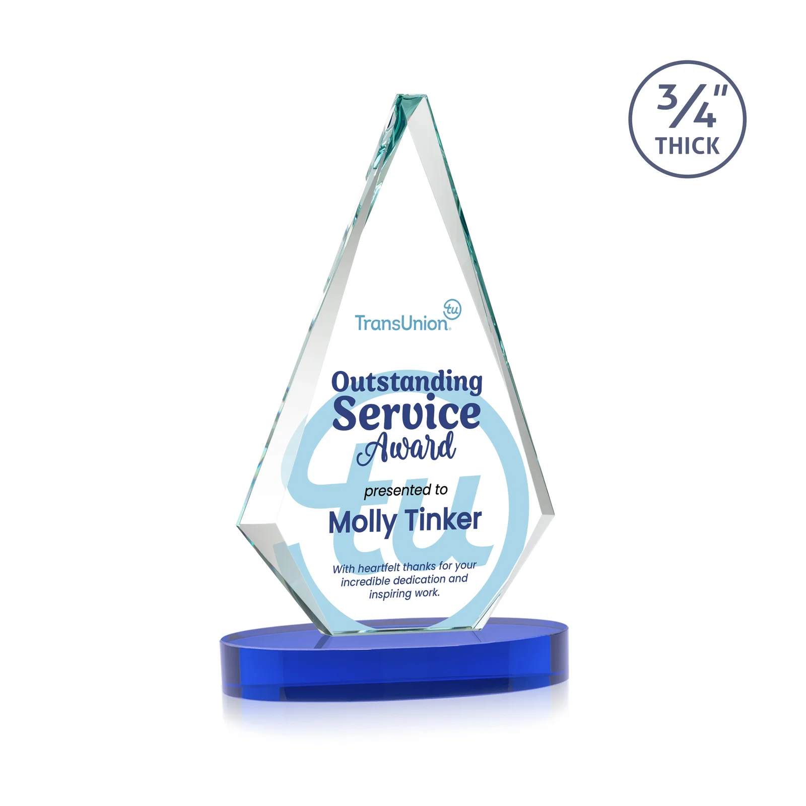 Customized Starfire Crystal Diamond Award, 3/4 Inch Thick on Alberton Base for dealer and partner awards