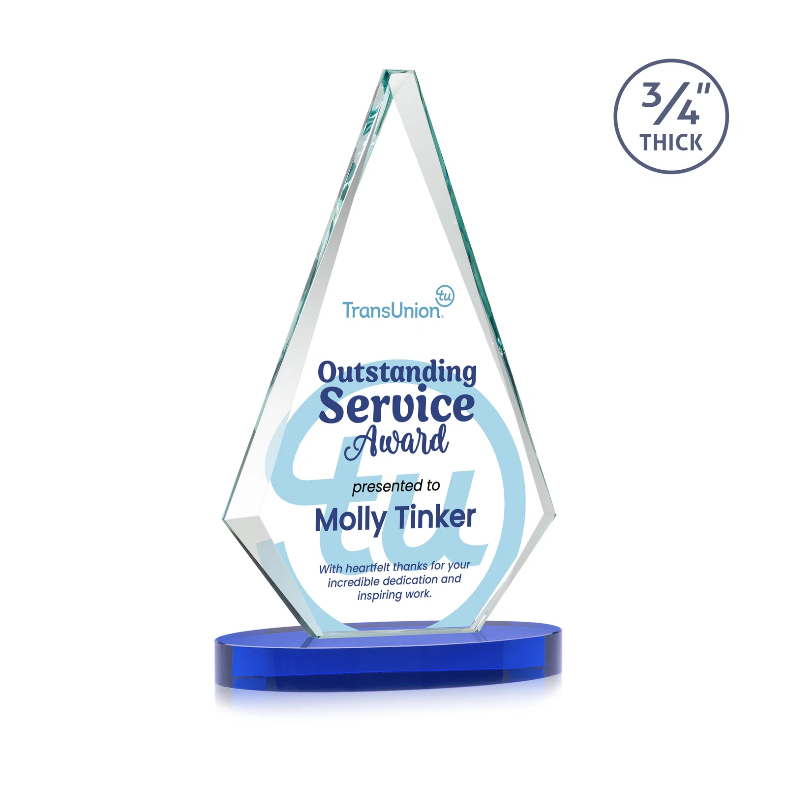 Customized Starfire Crystal Diamond Award, 3/4 Inch Thick on Alberton Base for company anniversary events