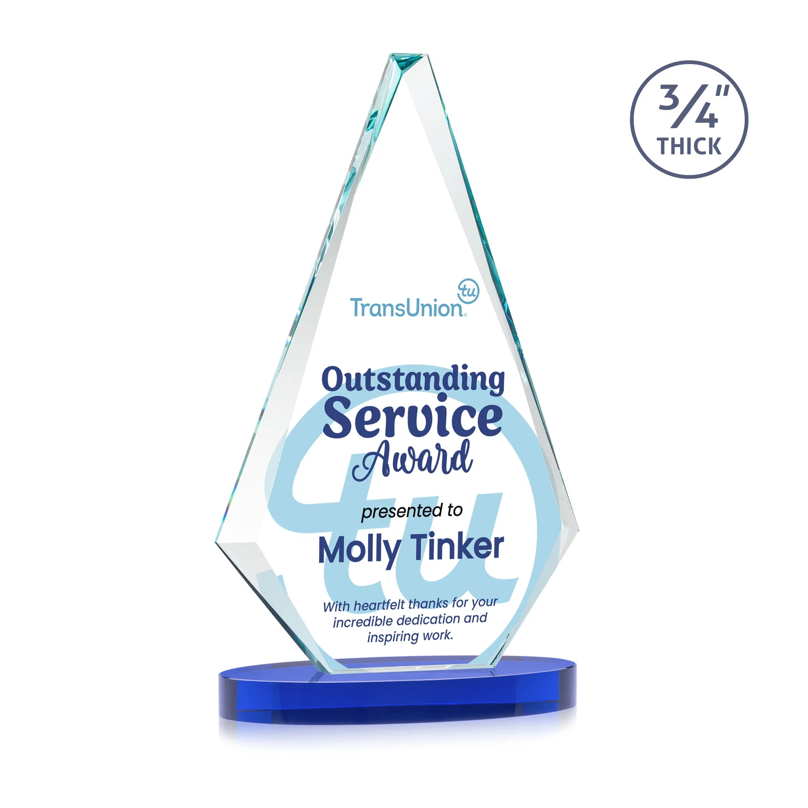 Custom engraved Starfire Crystal Diamond Award, 3/4 Inch Thick on Alberton Base for employee recognition
