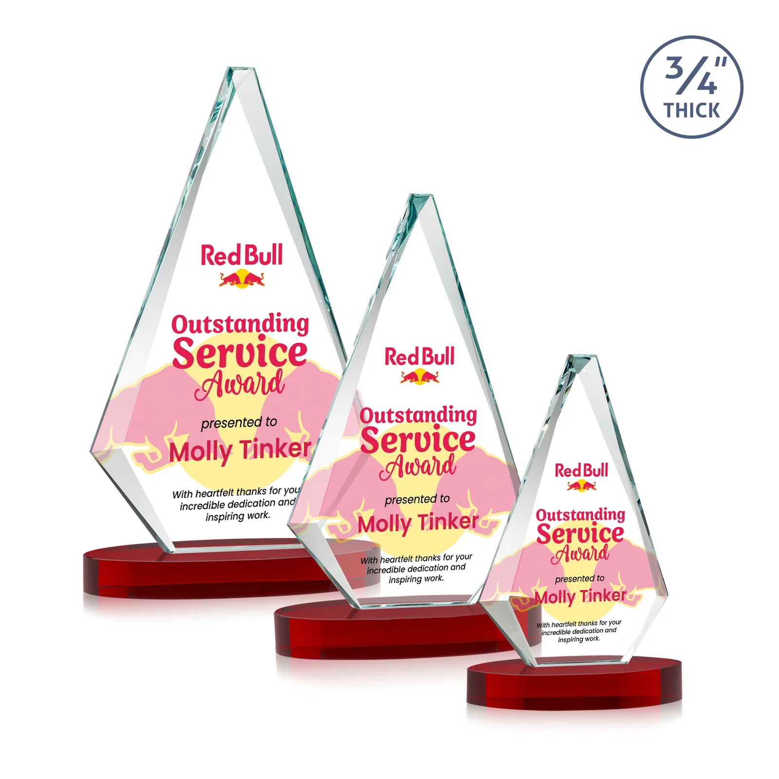 Custom engraved Starfire Crystal Diamond Award, 3/4 Inch Thick on Alberton Base for corporate award ceremonies
