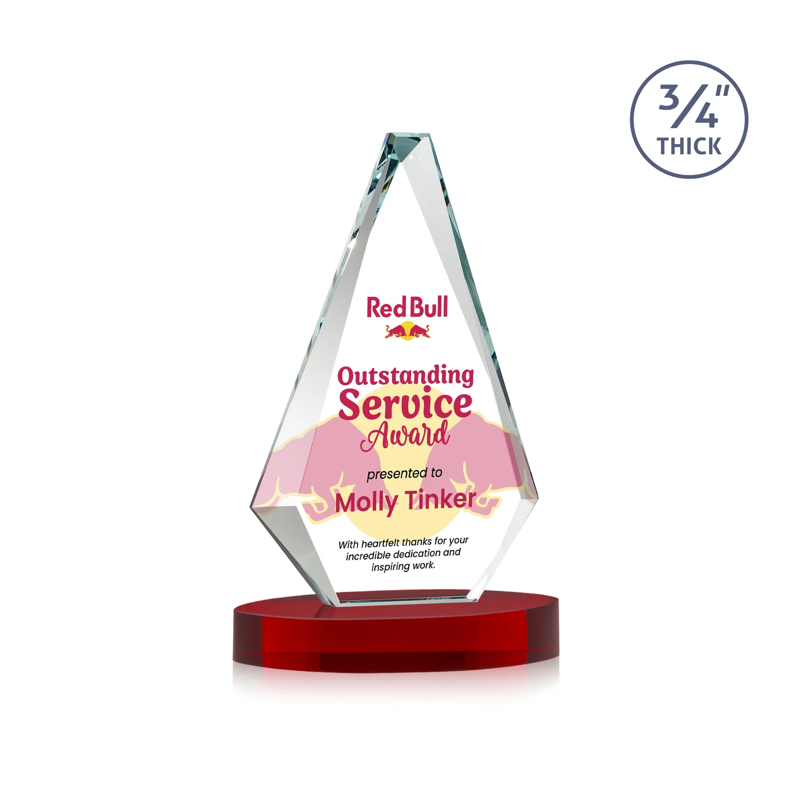 Custom engraved Starfire Crystal Diamond Award, 3/4 Inch Thick on Alberton Base for service anniversary gifts