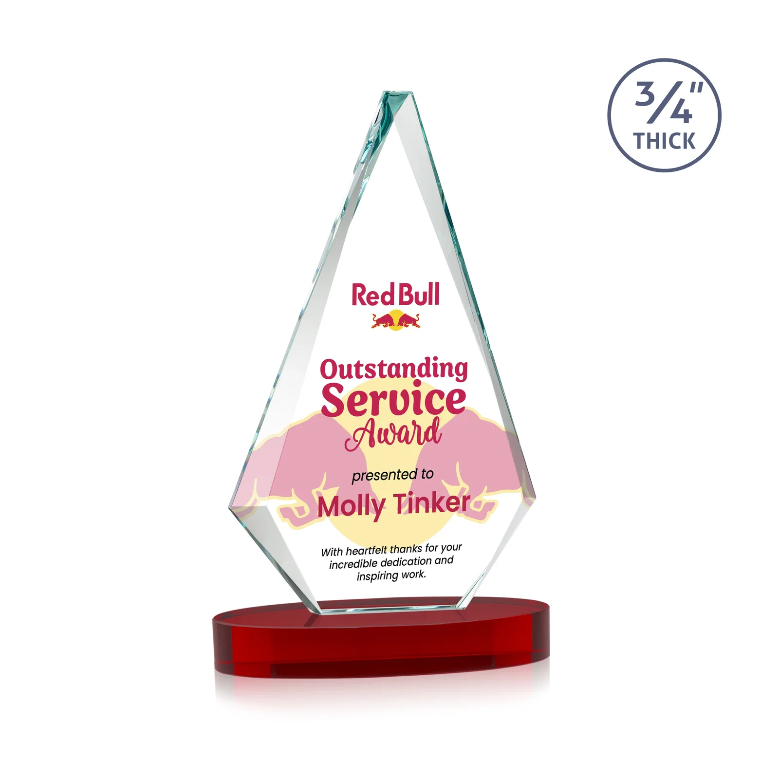 Custom engraved Starfire Crystal Diamond Award, 3/4 Inch Thick on Alberton Base for sales achievement awards