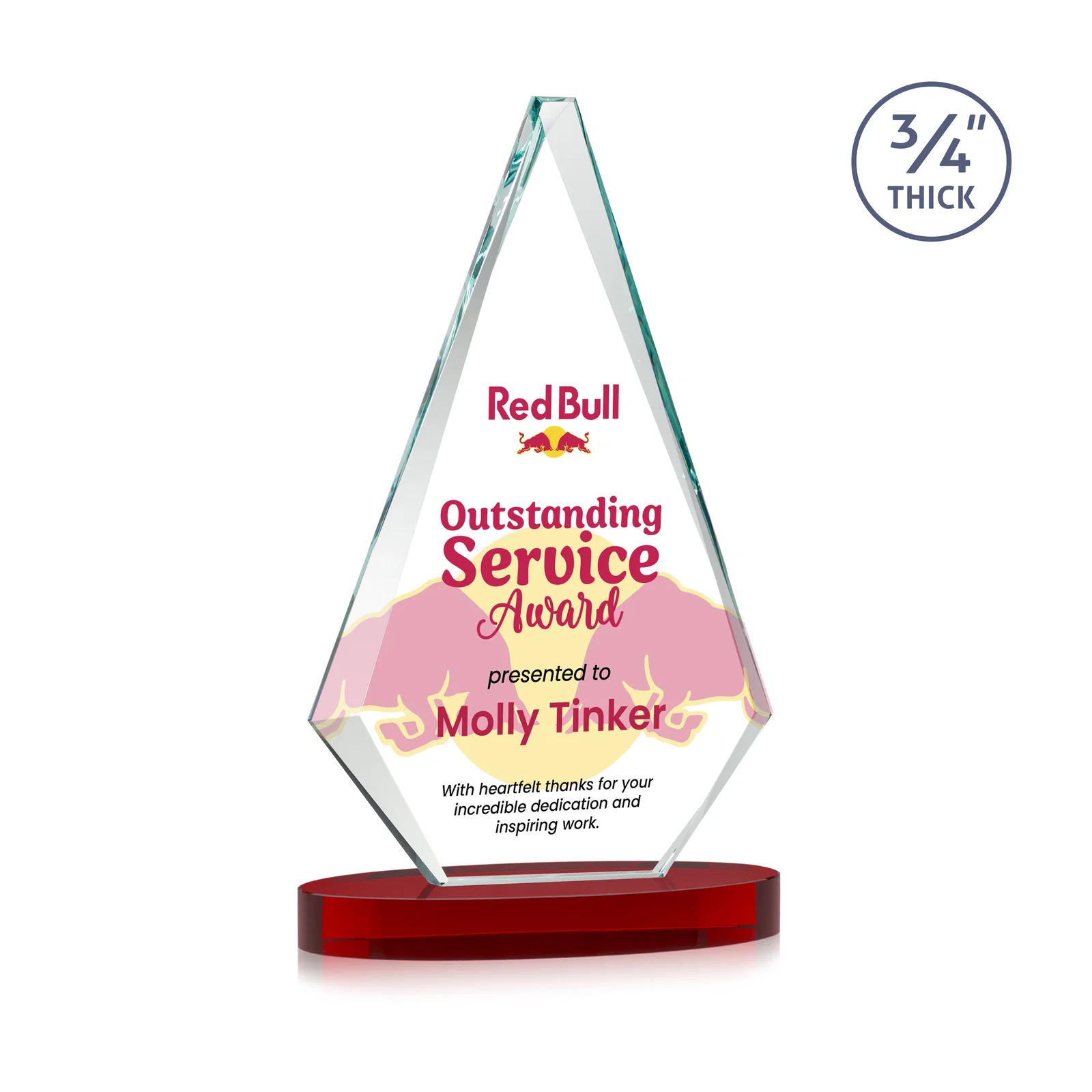 Custom engraved Starfire Crystal Diamond Award, 3/4 Inch Thick on Alberton Base for retirement presentations