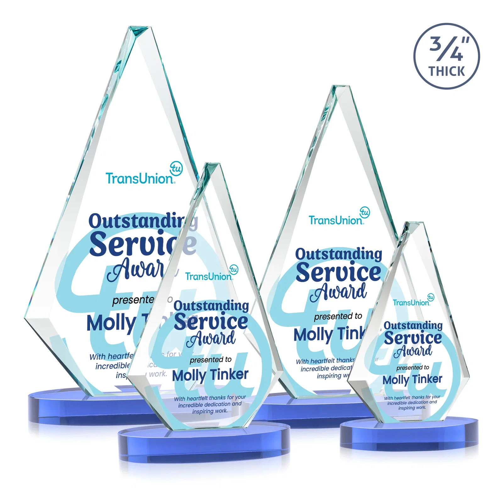 Custom engraved Starfire Crystal Diamond Award, 3/4 Inch Thick on Alberton Base for team milestone celebrations