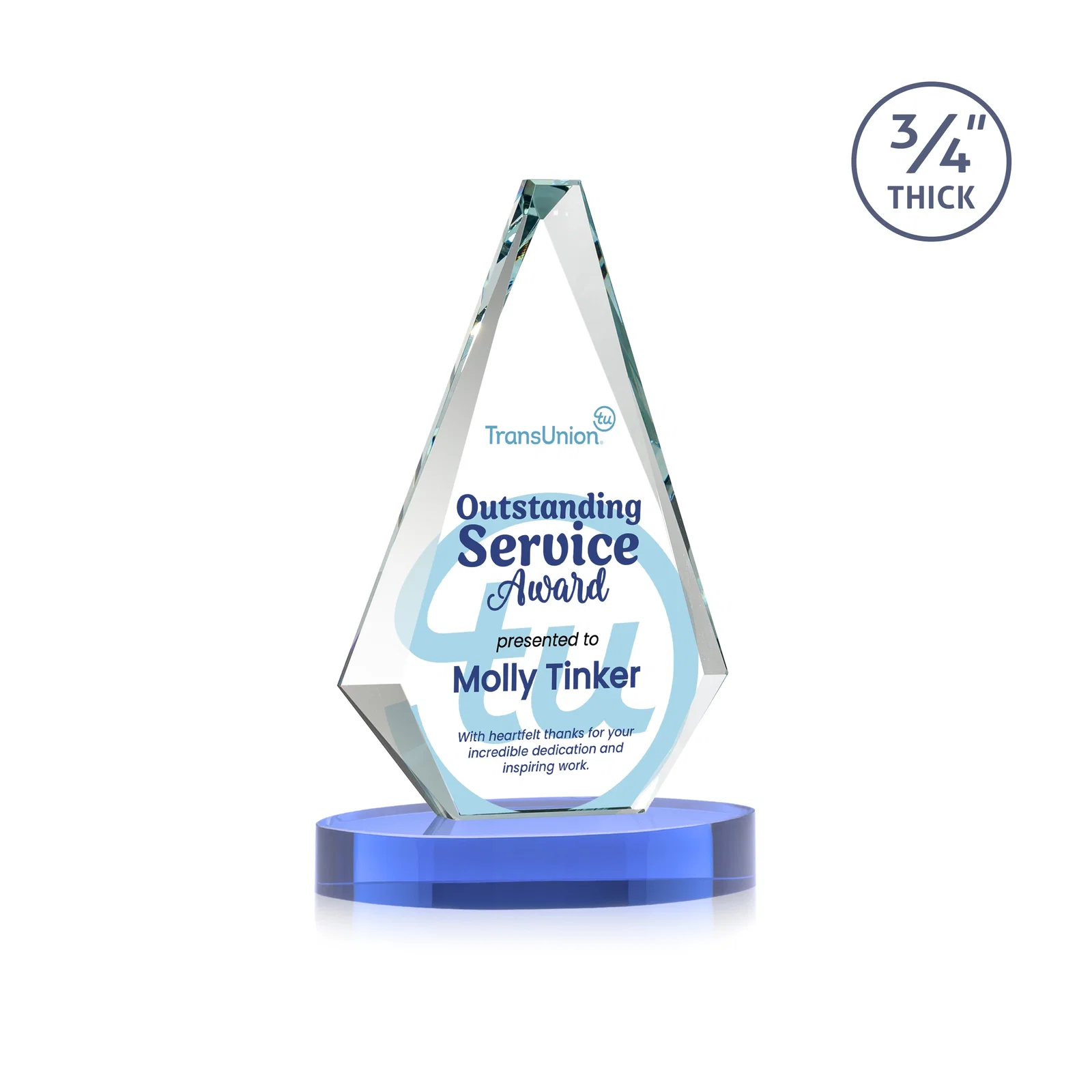 Custom engraved Starfire Crystal Diamond Award, 3/4 Inch Thick on Alberton Base for donor appreciation