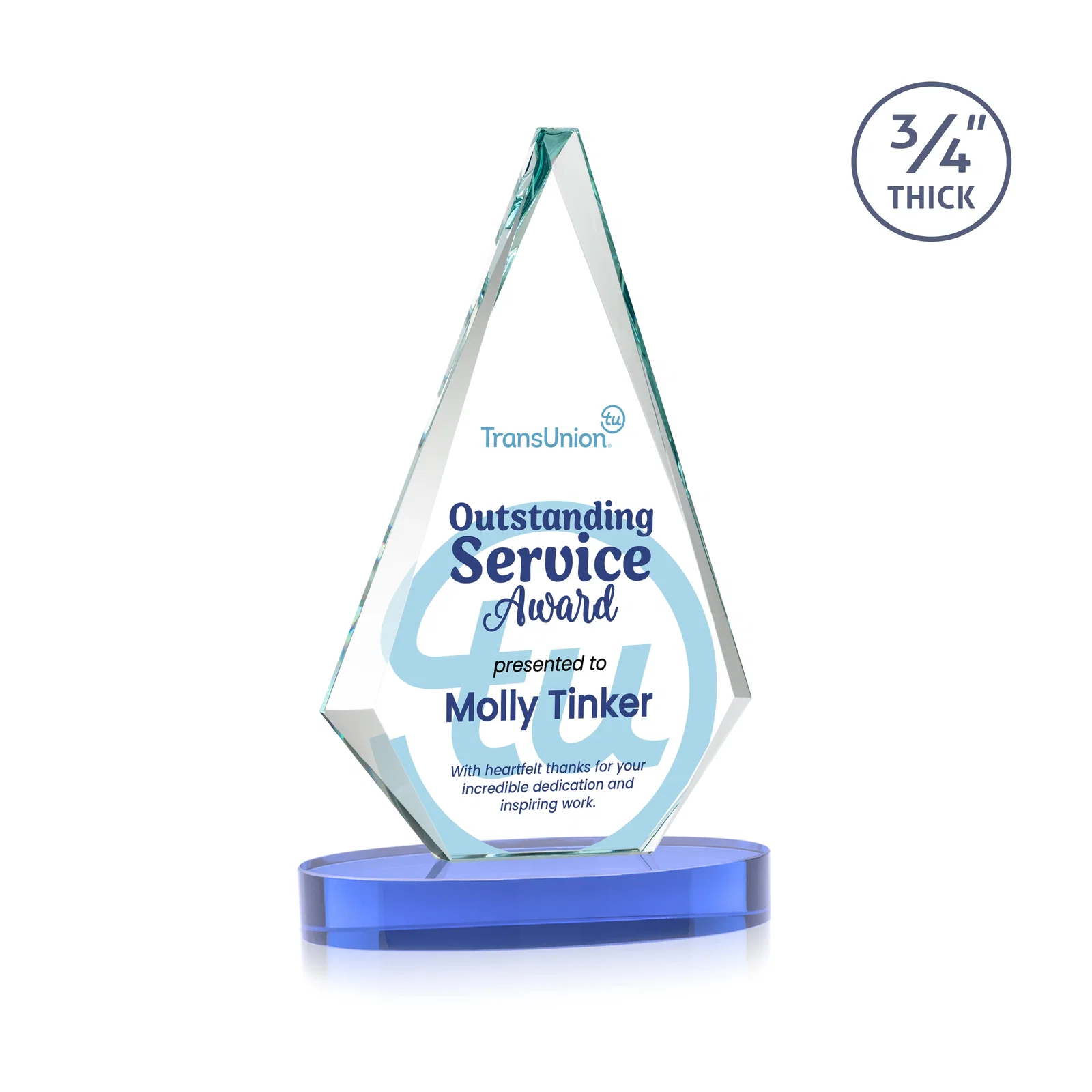 Custom engraved Starfire Crystal Diamond Award, 3/4 Inch Thick on Alberton Base for graduation ceremonies