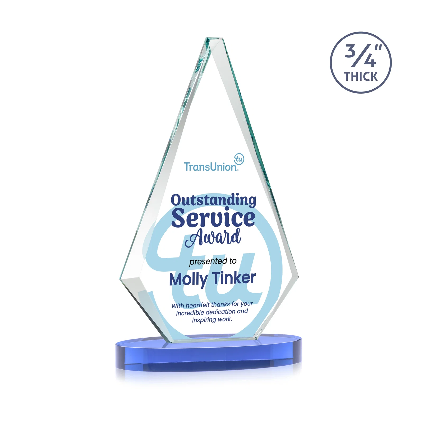 Custom engraved Starfire Crystal Diamond Award, 3/4 Inch Thick on Alberton Base for safety achievement programs