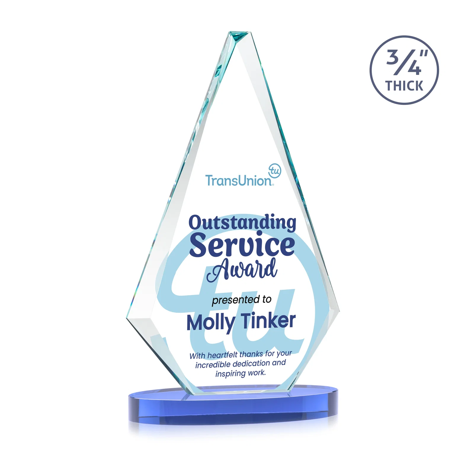 Custom engraved Starfire Crystal Diamond Award, 3/4 Inch Thick on Alberton Base for volunteer appreciation