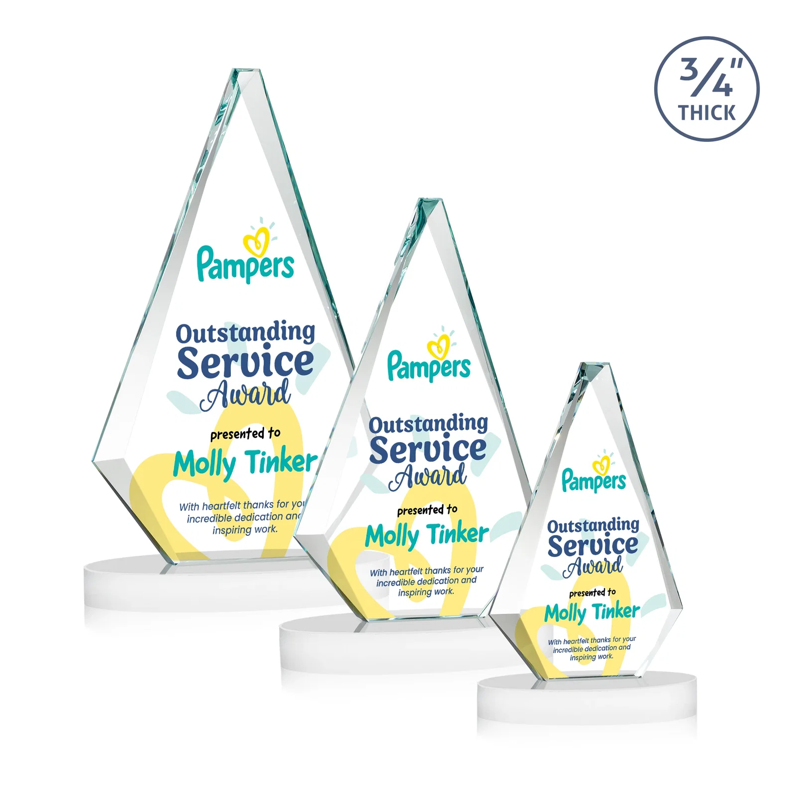 Custom engraved Starfire Crystal Diamond Award, 3/4 Inch Thick on Alberton Base for dealer and partner awards
